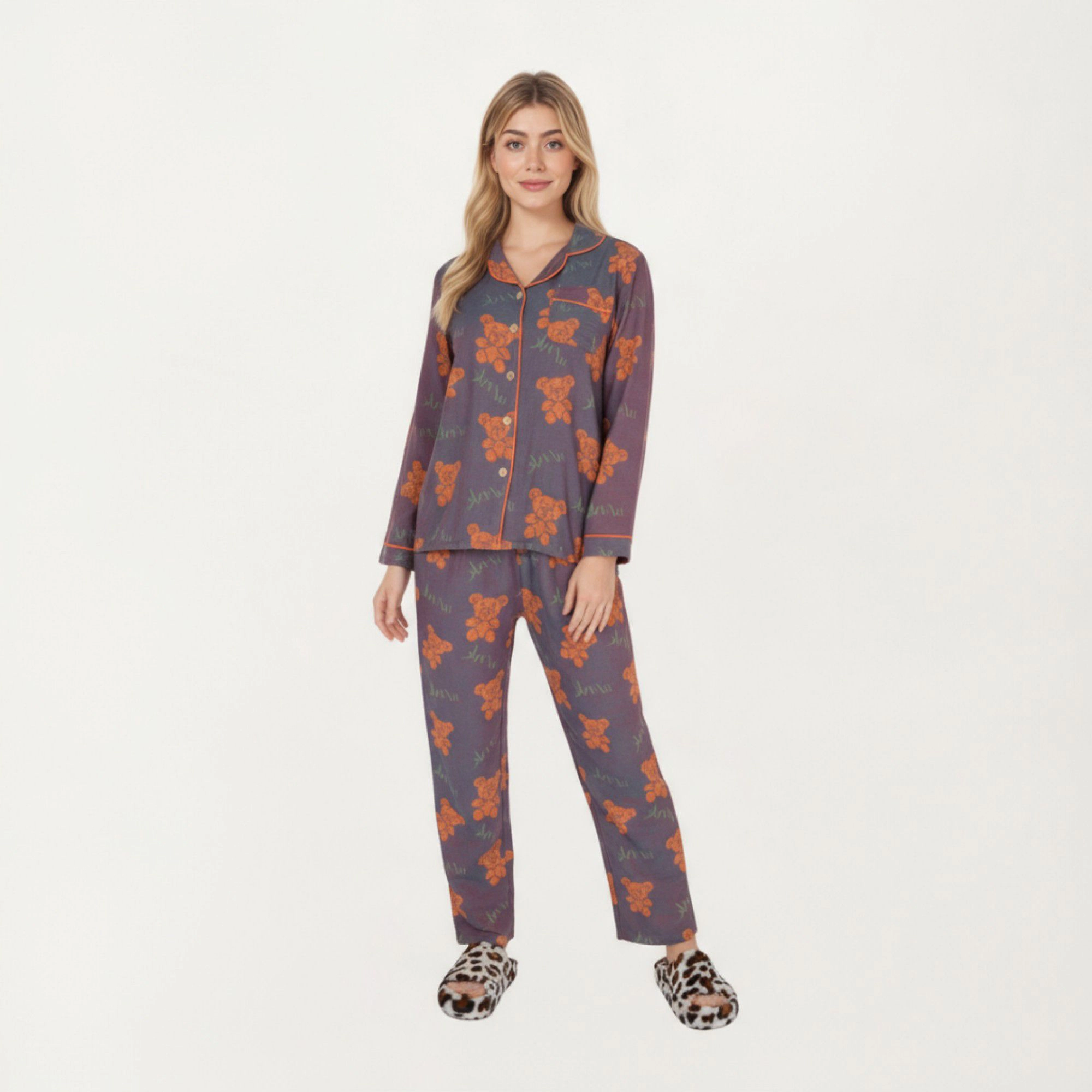 Anna-Kaci Women's 2-Piece Teddy Bear Print Button Up Long Sleeve Pajama Top and Relaxed Fit Pants