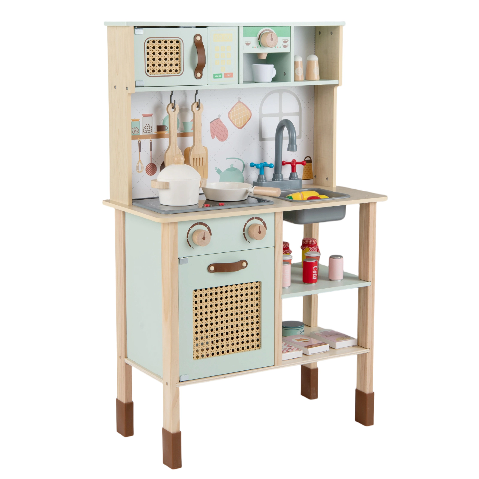 LJG Wooden Play Kitchen for Kids with Lights and Sounds Retro Style with Accessories