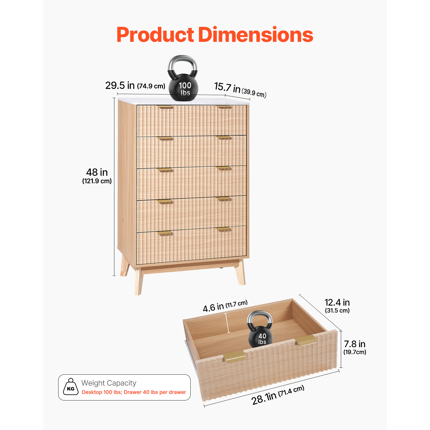 HONGGE Fluted Wooden Chest of Drawers with Sliding & Anti-tip Device