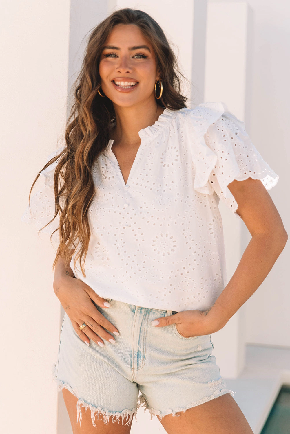 Threaded Pear Women's Aspyn Ruffle Short Sleeve Blouse