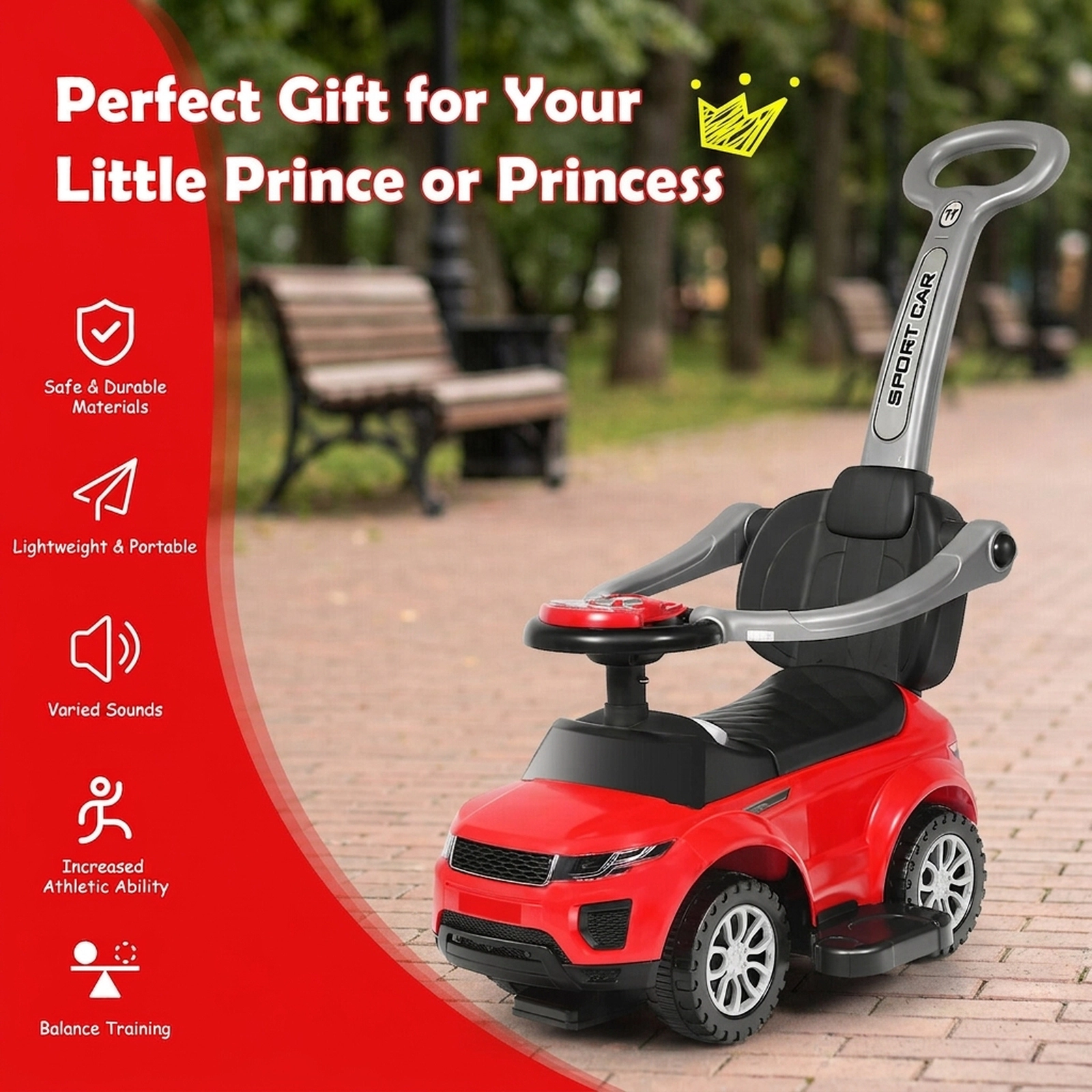 3-in-1 Toddler Push Car with Removable Handle Guardrails and Footrest for 12-36 Months Stroller Walking Sliding Ride On