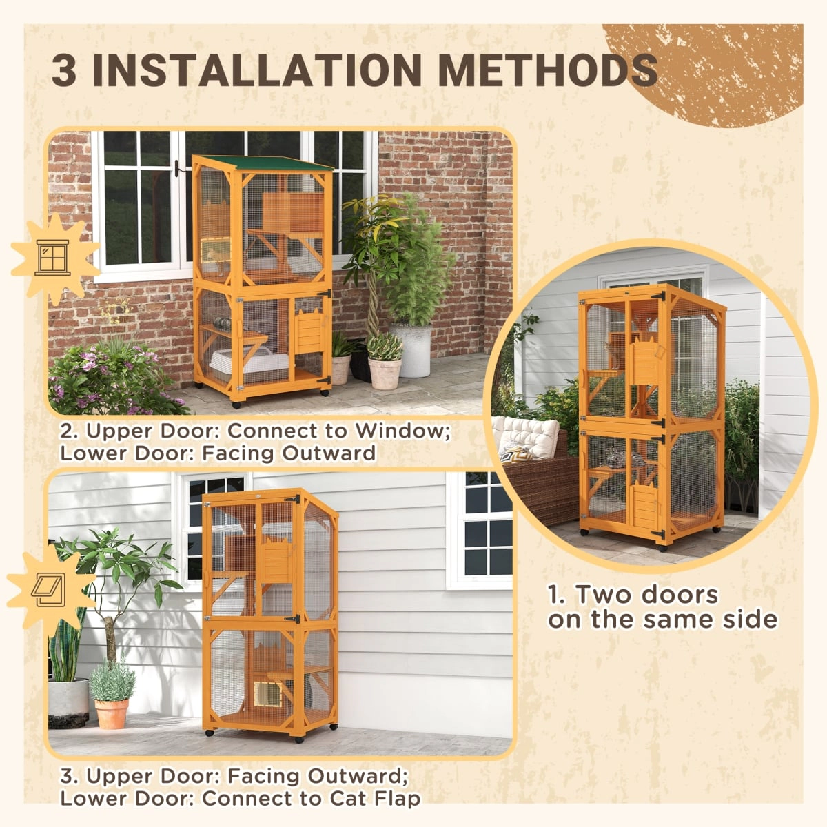 212 Main Paw Hut Wooden Cat House for 1-3 Cats Catio Enclosure on Wheels - Orange