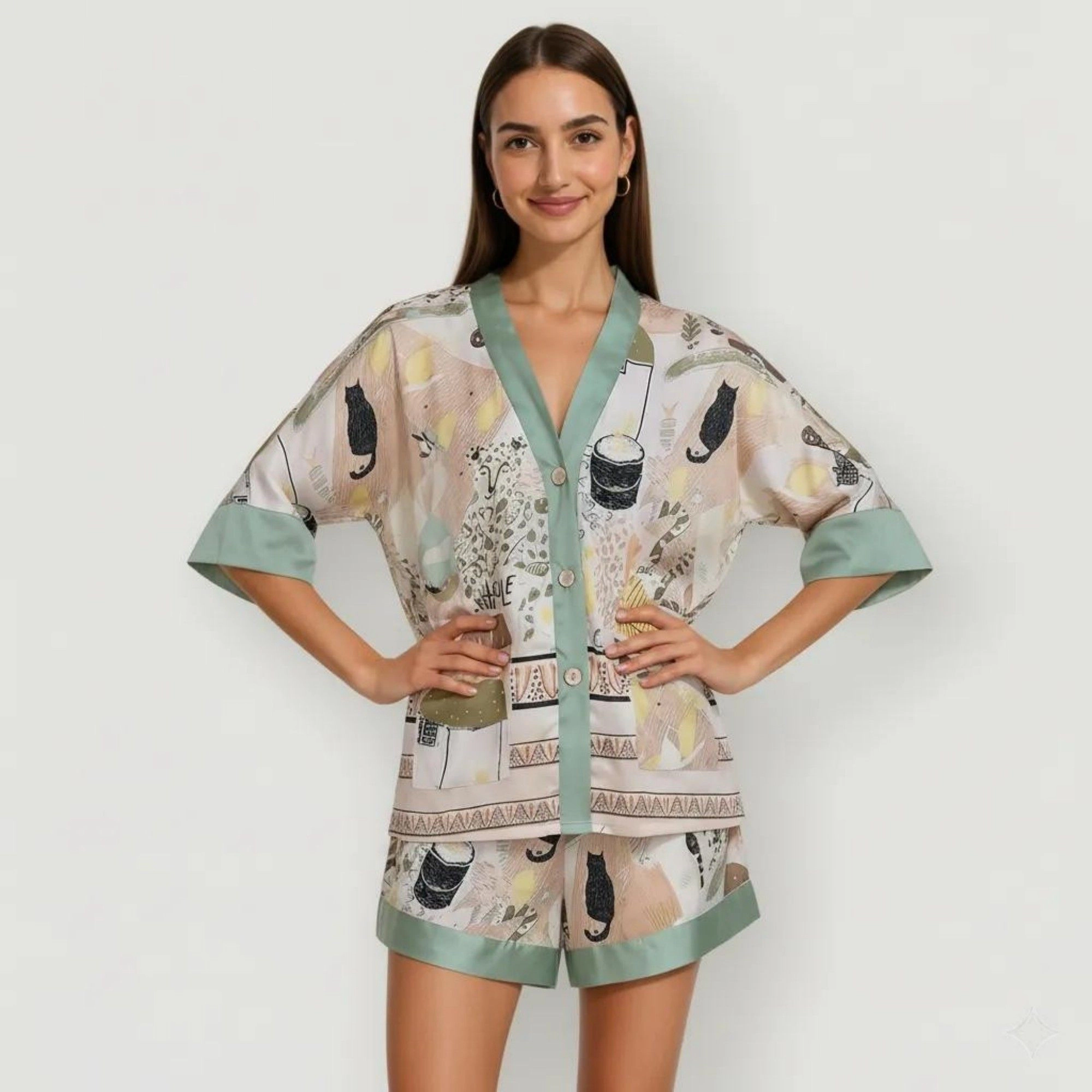 Anna-Kaci Women's Animal Print Pajama Set with Short Sleeves Button Up Top and Contrast Trim Shorts