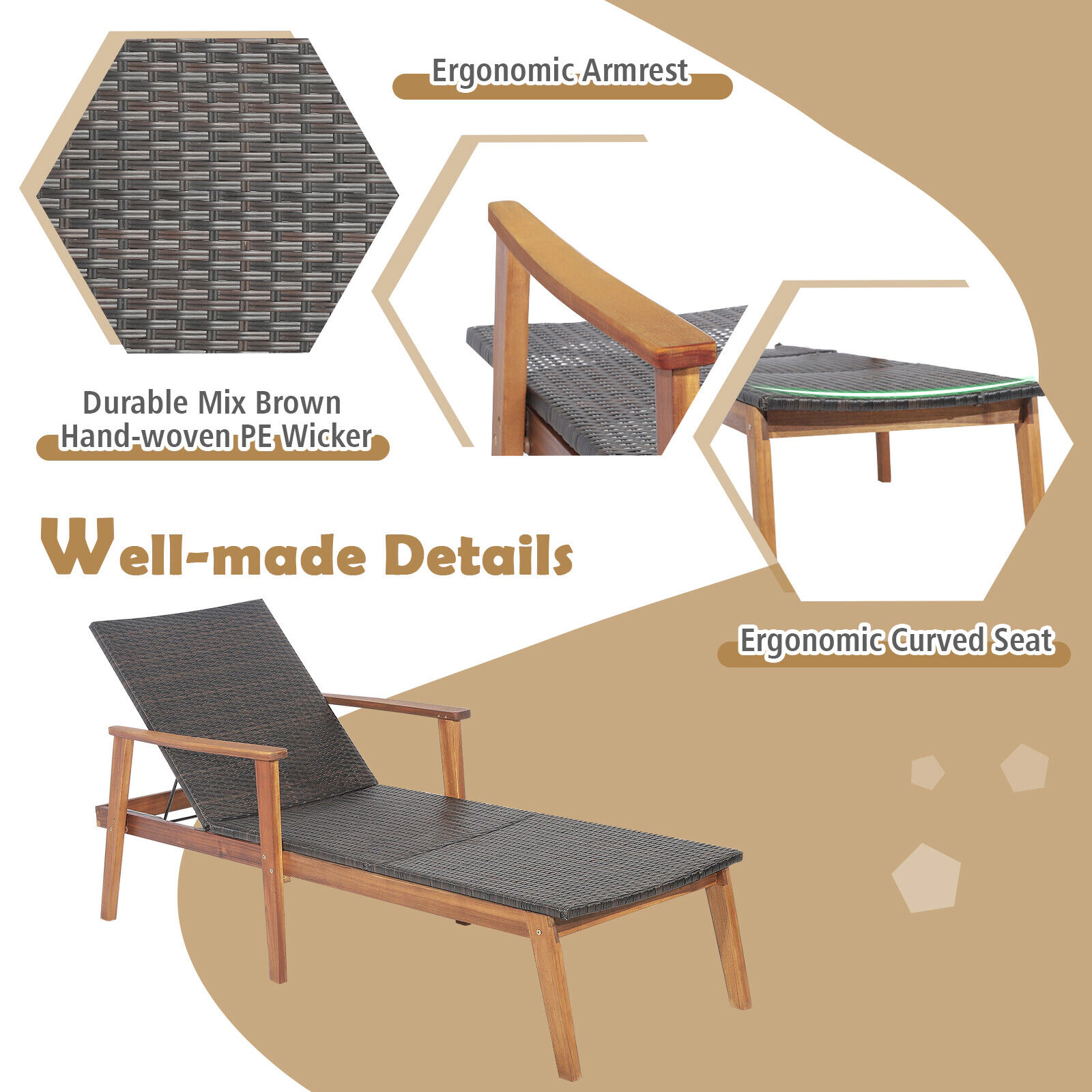 Hivvago Patio Rattan Lounge Chair With 4-Position Adjustable Backrest