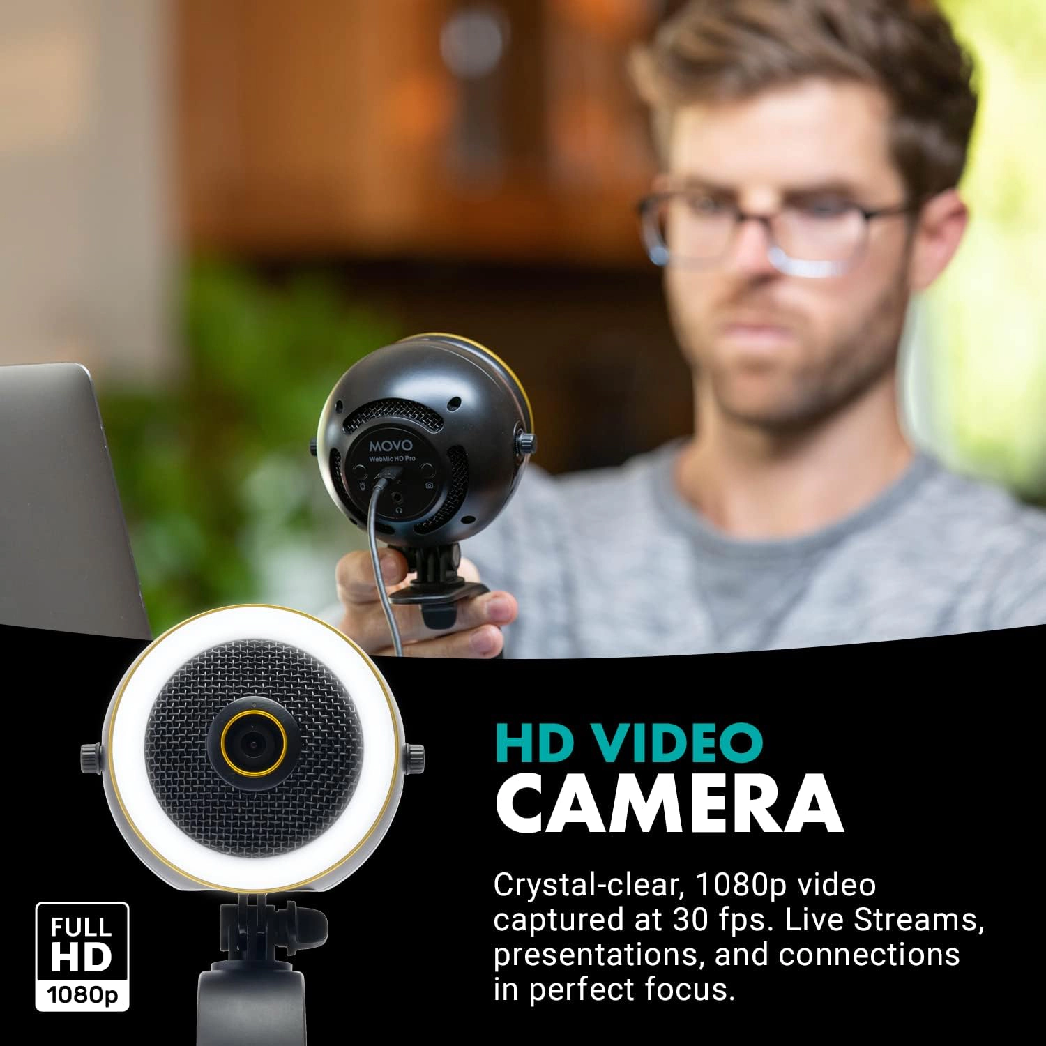 Movo WebMic HD Pro - All-in-One Streaming Webcam Microphone and LED Ring Light