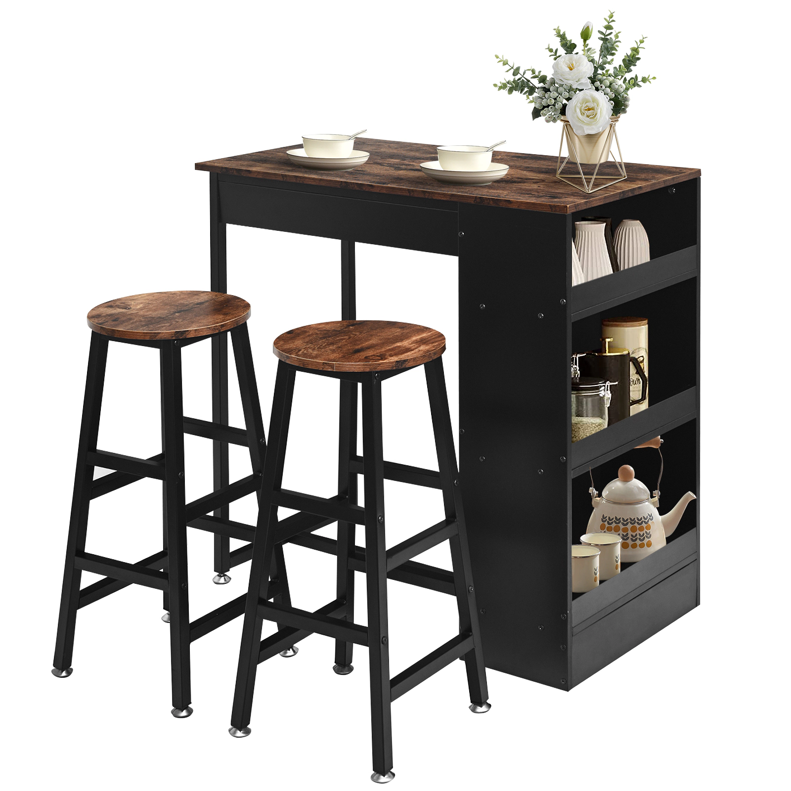 SUGIFT 3-Tier Storage Bar Dining Set with Table and Chairs 132-lb Table Capacity 64-lb Net Weight As Picture Shows
