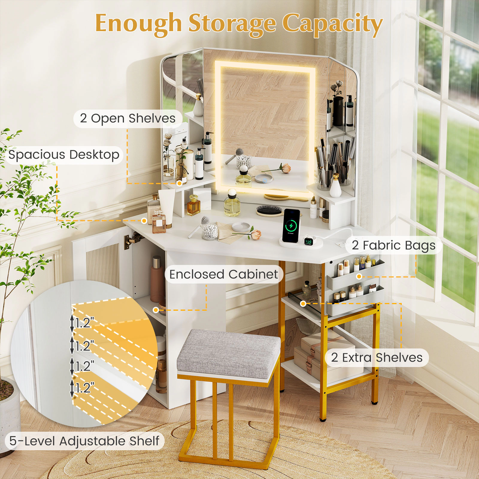 SUGIFT Corner Vanity Table and Stool Set with Lighted Tri-Fold Mirror and Charging Station and Cushioned Stool in White