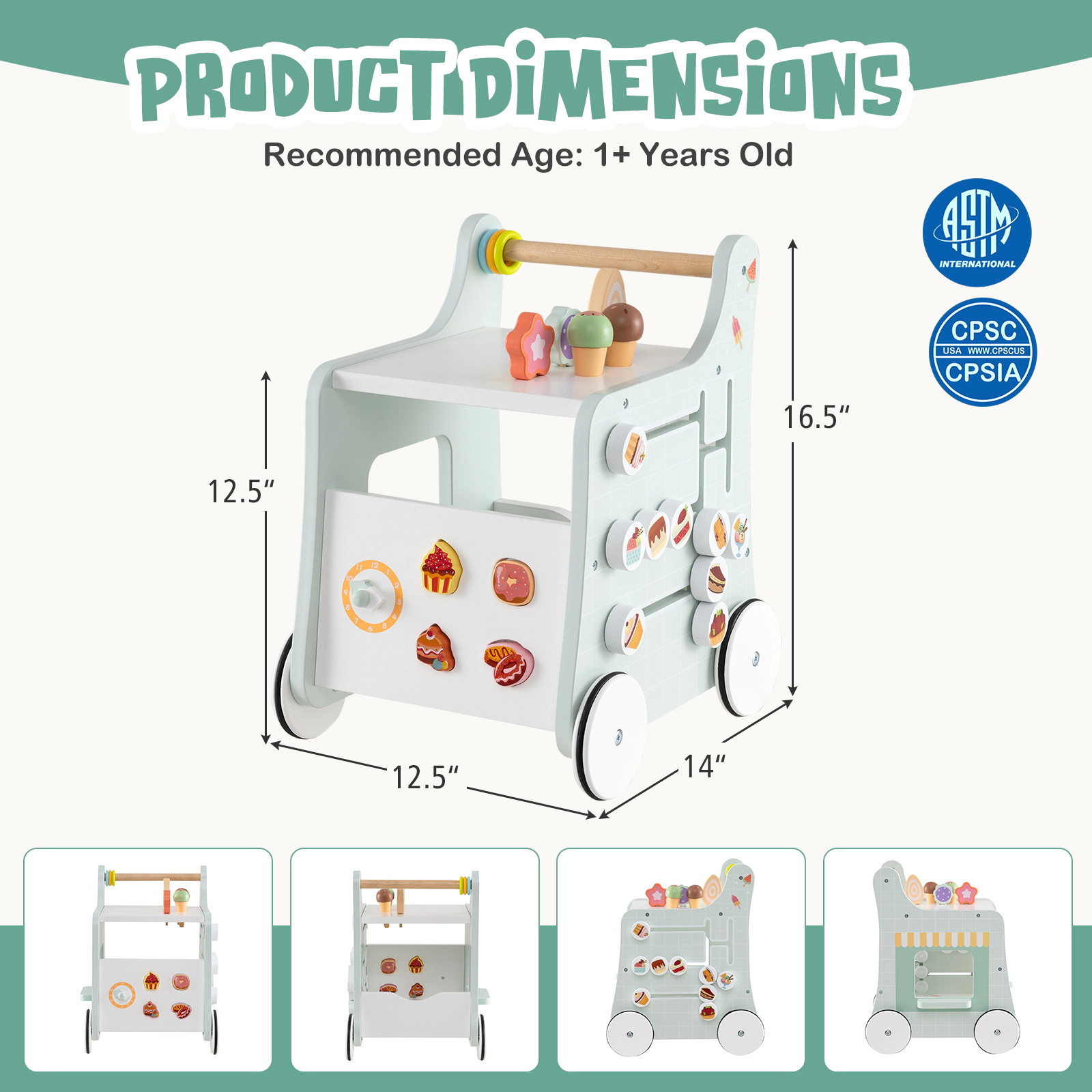 SUGIFT Light Green Ice Cream Shop Play Set and Storage 2-in-1 Wooden Baby Walker