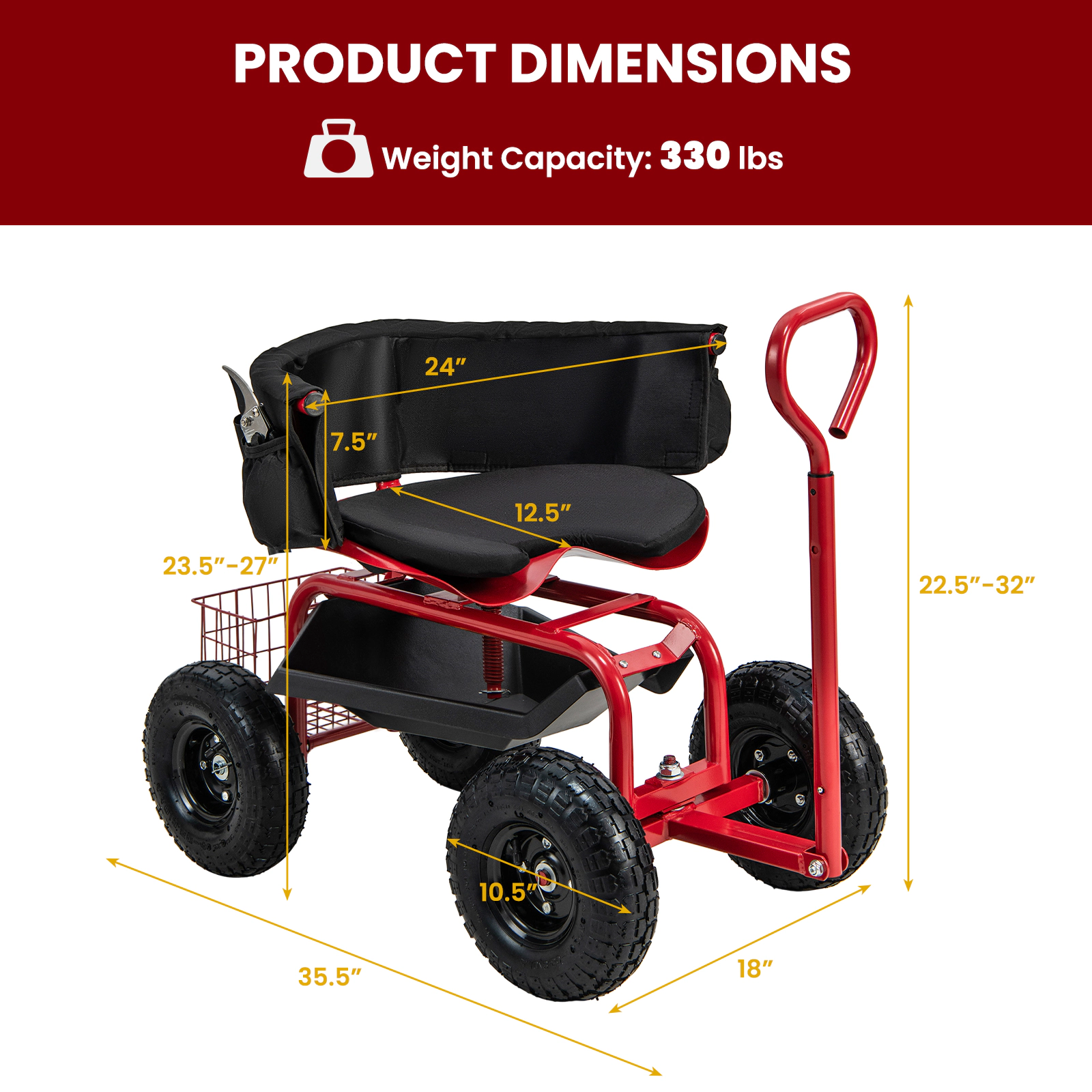 SUGIFT Rolling Garden Cart Scooter with Cushioned Seat and Adjustable Steering Handle