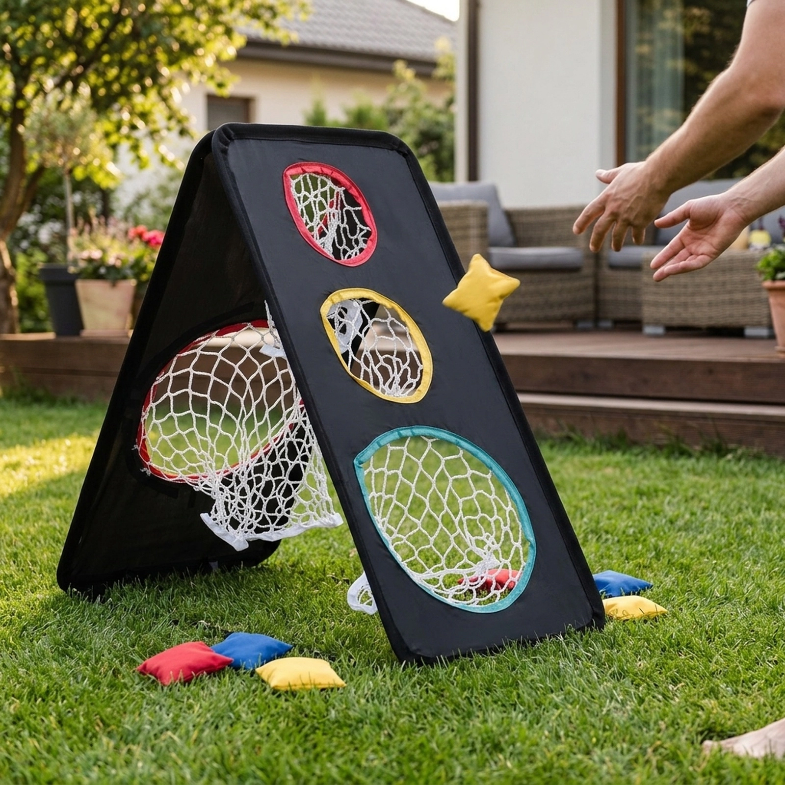 Dual-Sided Golf Chipping Net 5 Target Holes Reinforced Triangular Frame Tool-Free Buckles 24-in Foldable Black