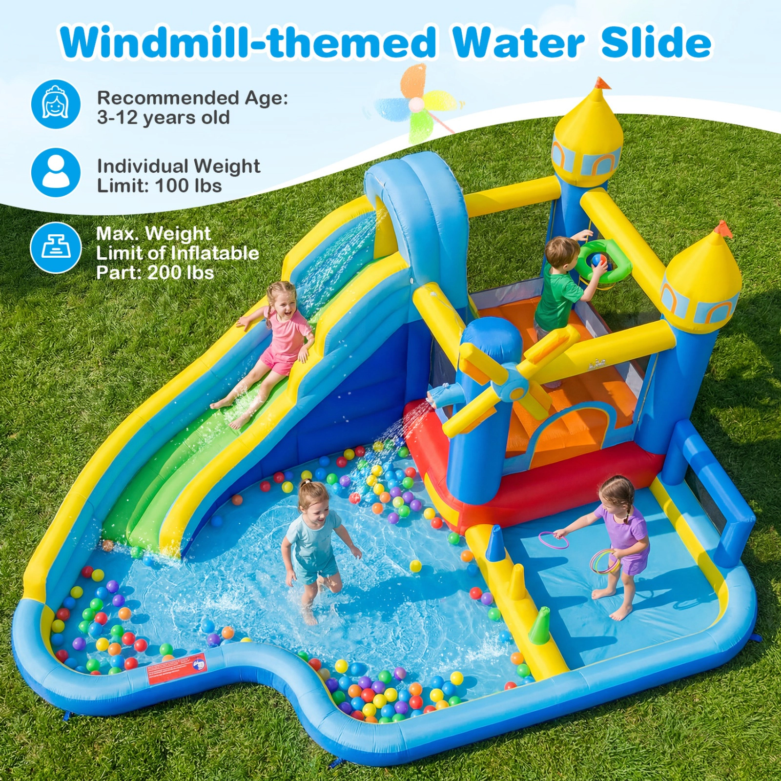 SUGIFT 206-in Windmill Inflatable Water Slide Park with Jumping Area Ball Pit Ring Toss and 680W Blower