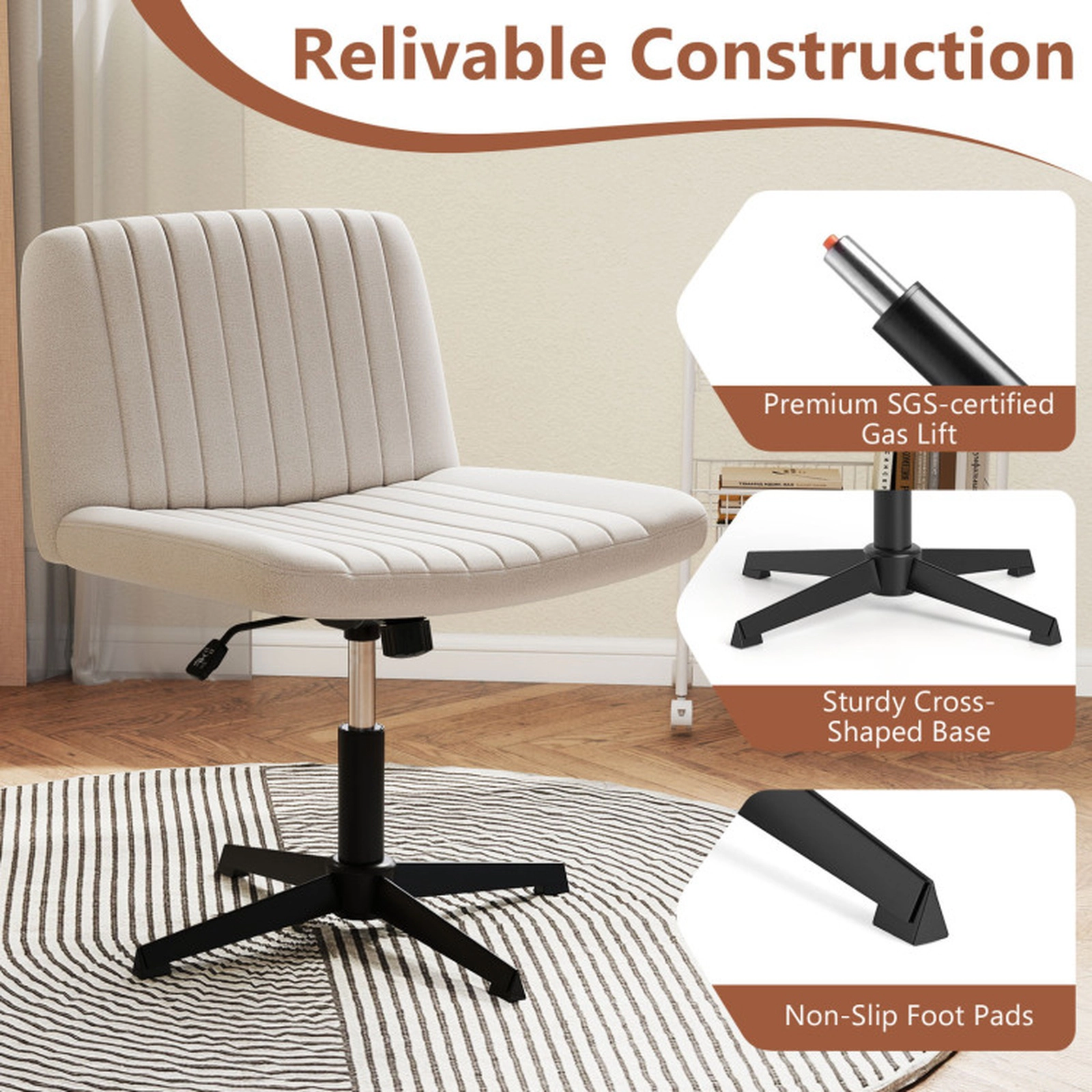 SUGIFT 350-lb Capacity Armless Criss Cross Legged Swivel Desk Chair with Linen Upholstery and No Wheels