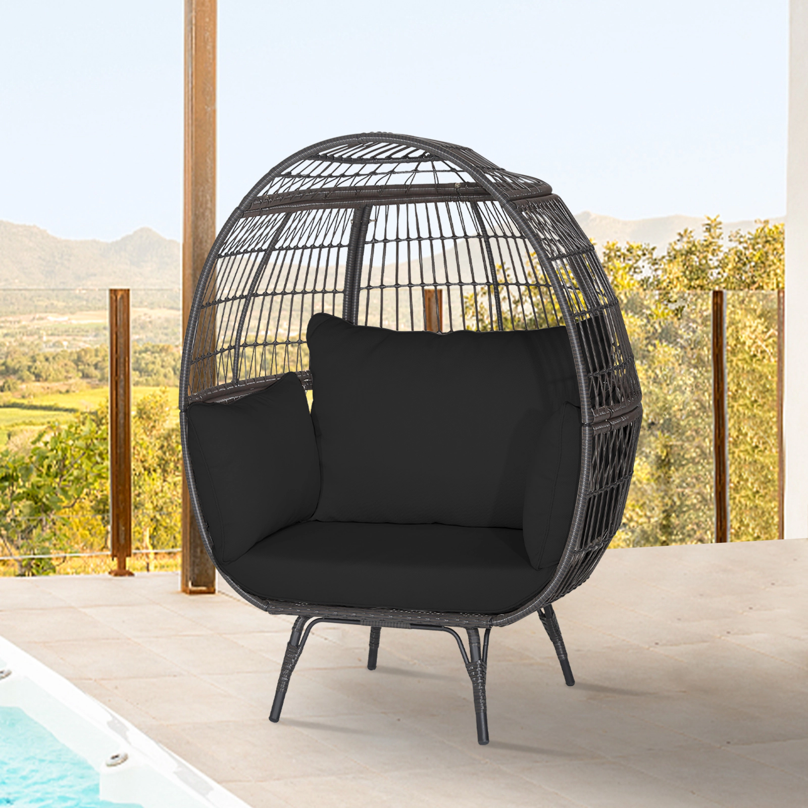 LJG Oversized Patio Rattan Egg Lounge Chair with 4 Cushions
