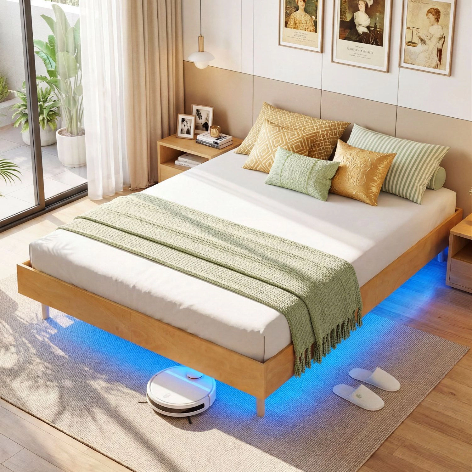 SlickBlue Modern Floating Bed Frame with LED Lights and Wood Slats