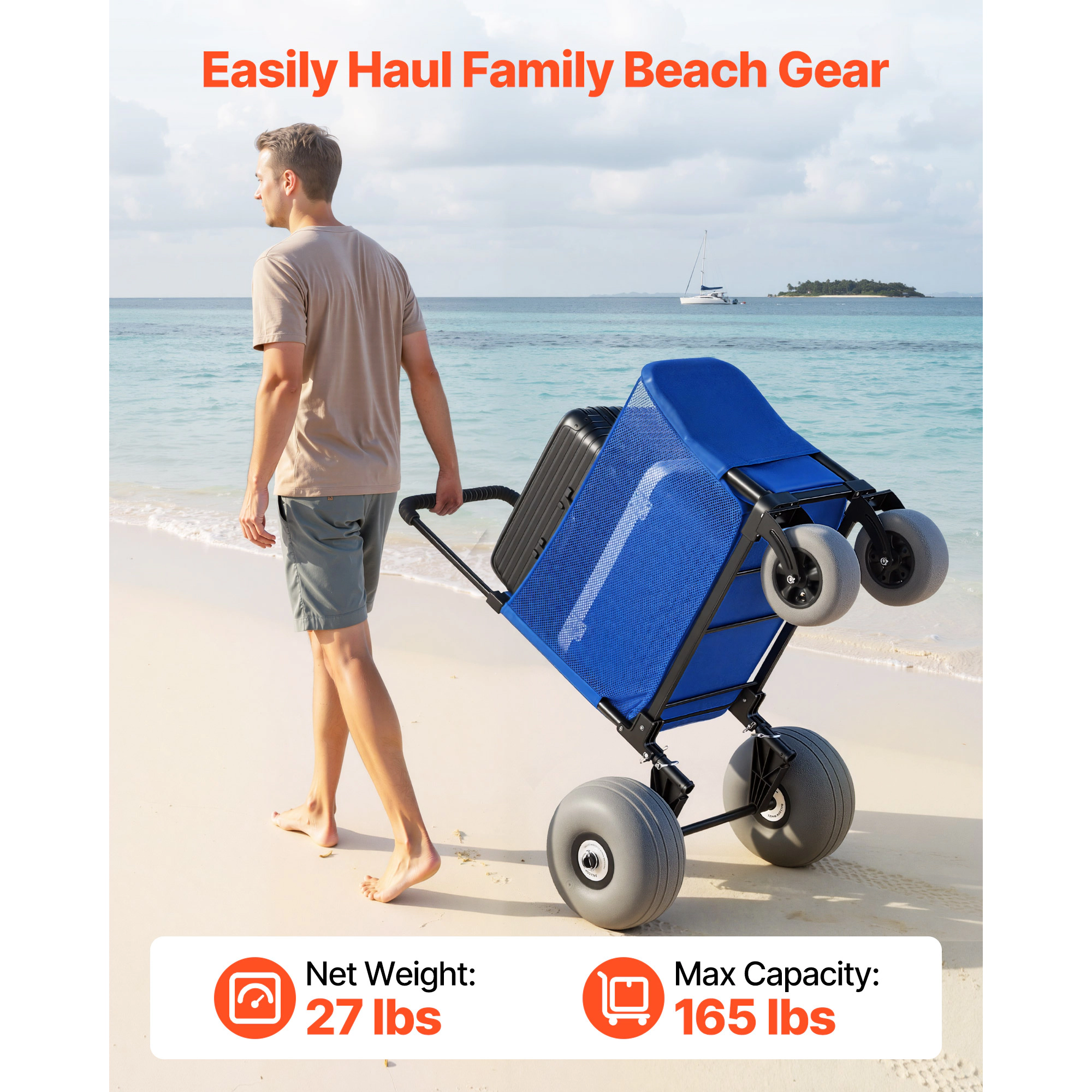 HONGGE Heavy Duty Folding Sand Cart with 12" Balloon Wheels for Beach Camping, 165 lbs Load Capacity