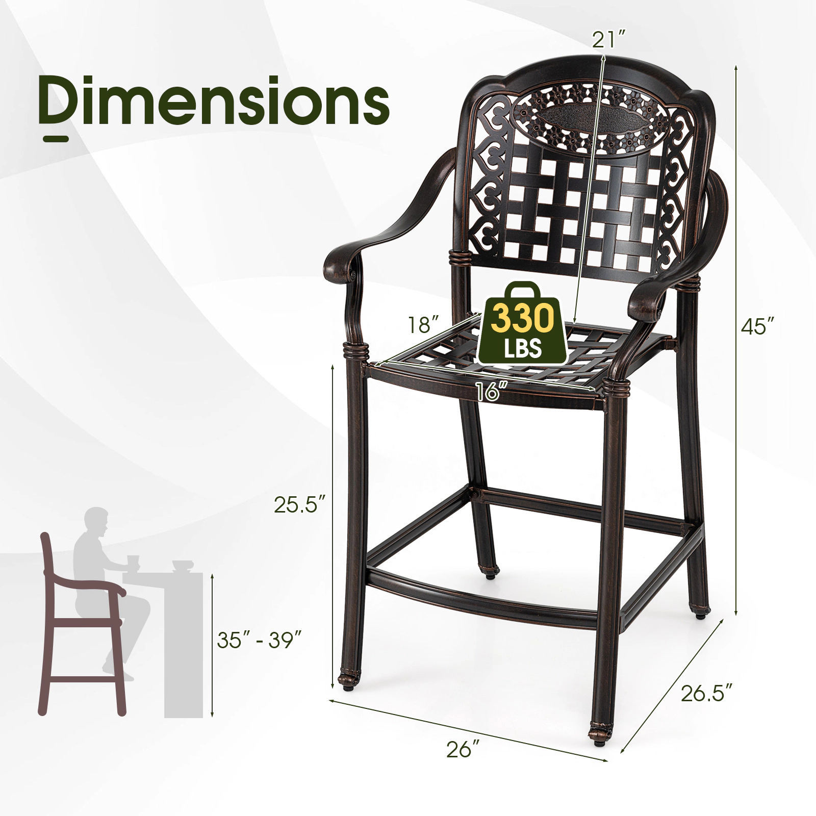 SUGIFT Set of 2 Outdoor Cast Aluminum Counter Height Bar Stools for Bar Sets 360-lb Capacity 25.5-in Seat Height Copper