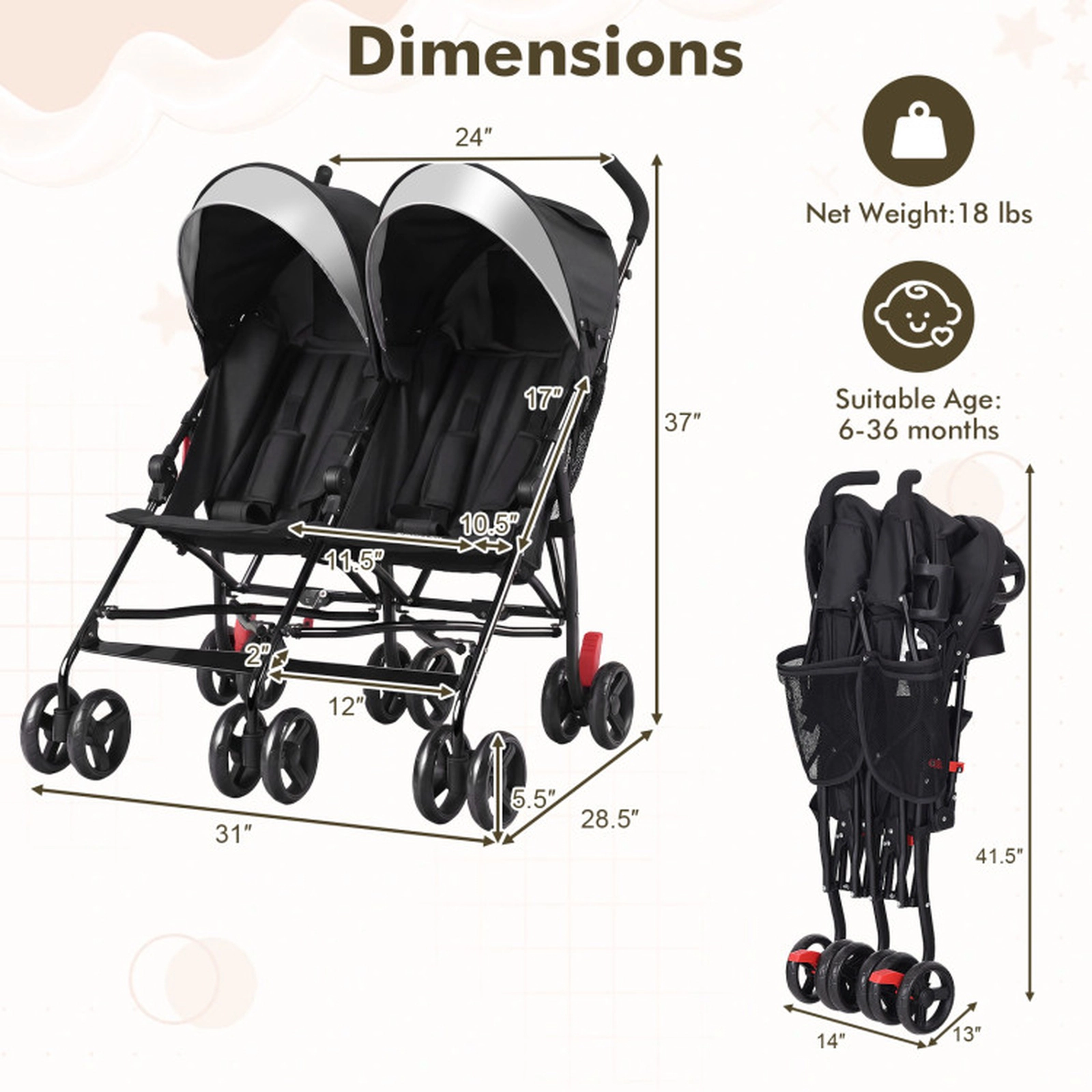 SUGIFT Baby Black Side-by-Side Double Umbrella Stroller with 5-Point Harness 31-in W 37-in H 35-lb Per Seat