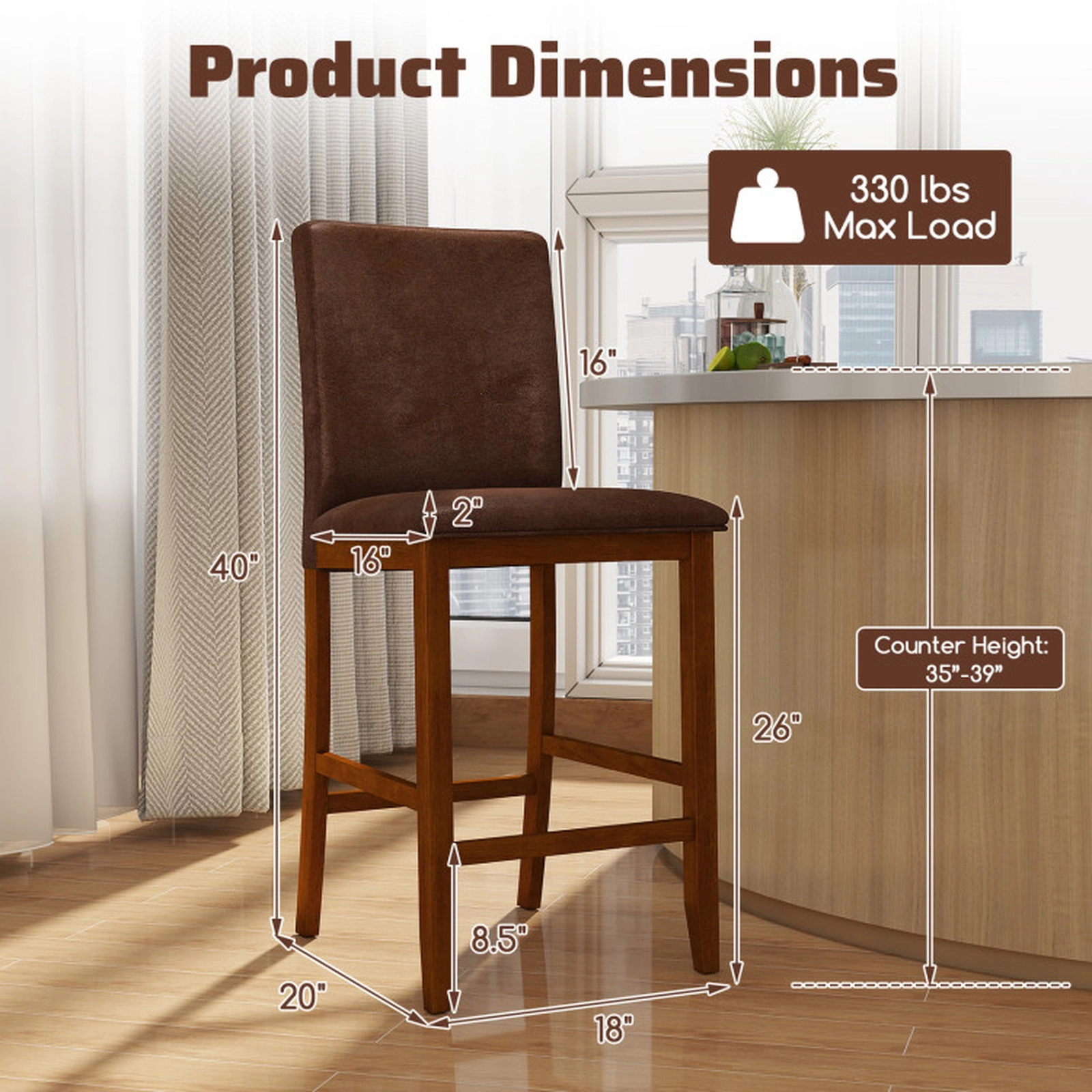 SUGIFT Soft Upholstered Counter Barstools with Rubberwood Legs 330-lb Capacity 26-in Seat Height Walnut + Brown Set of 2