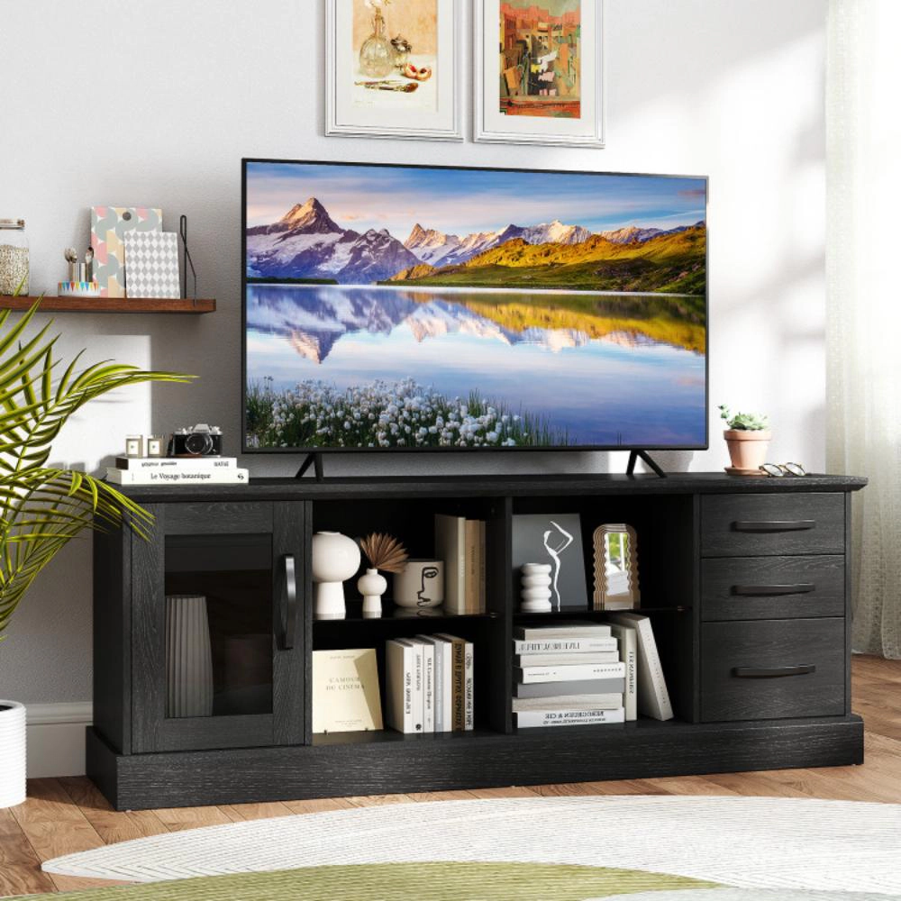 Hivvago 63 Inches Media Console Table With 3 Drawers And 2 Glass Shelves