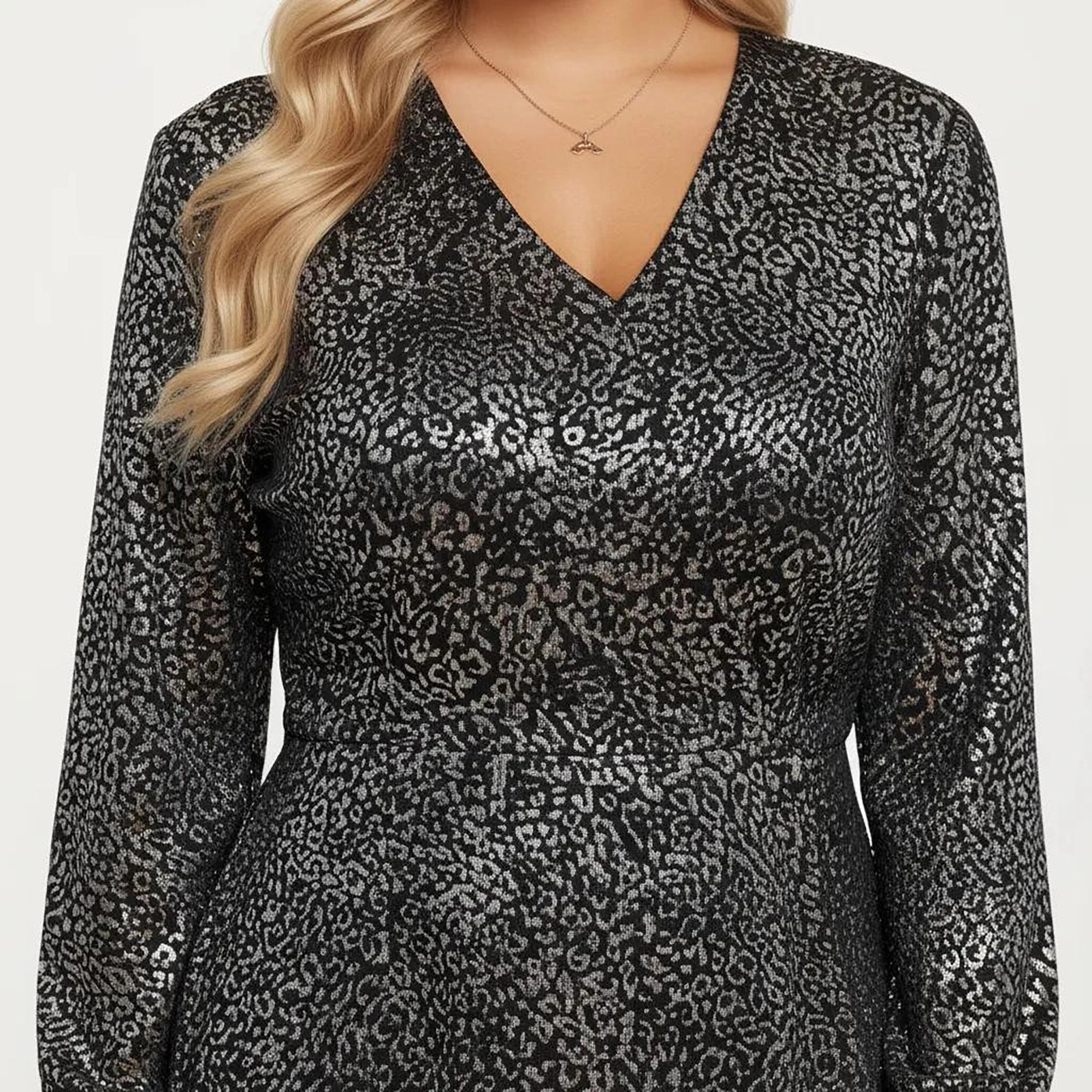 Anna-Kaci Women's Plus Dotted Print Long Sleeve V Neck Fitted Waist Flowy Skirt Midi Dress