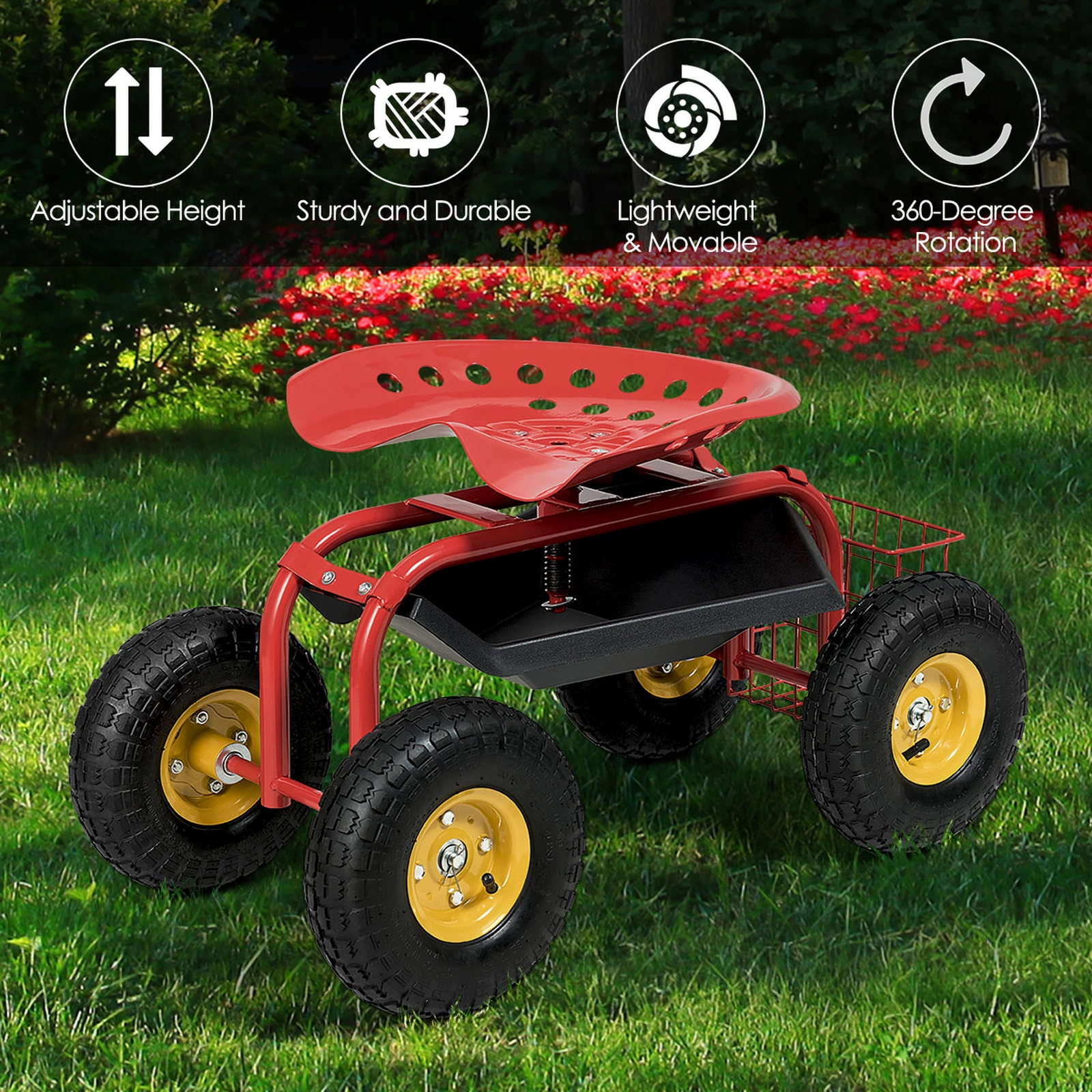 SUGIFT Rolling Garden Work Seat Cart with Adjustable 360-Degree Seat 330-lb Capacity with Tool Tray and Basket Red