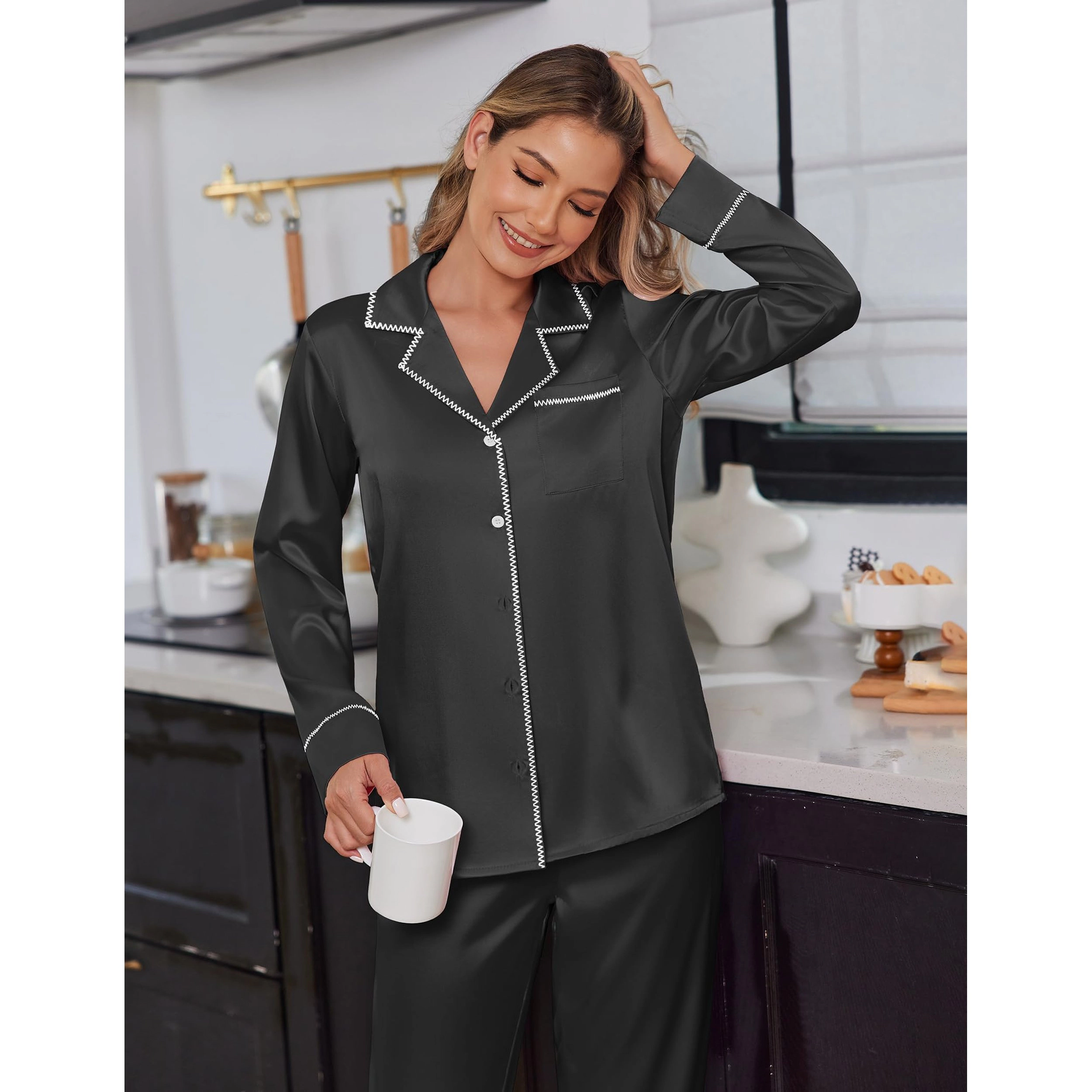 Ekouaer Satin Pajama Set Silky Sleepwear Long Sleeve Top and Pants Button Down Pajamas Lounge