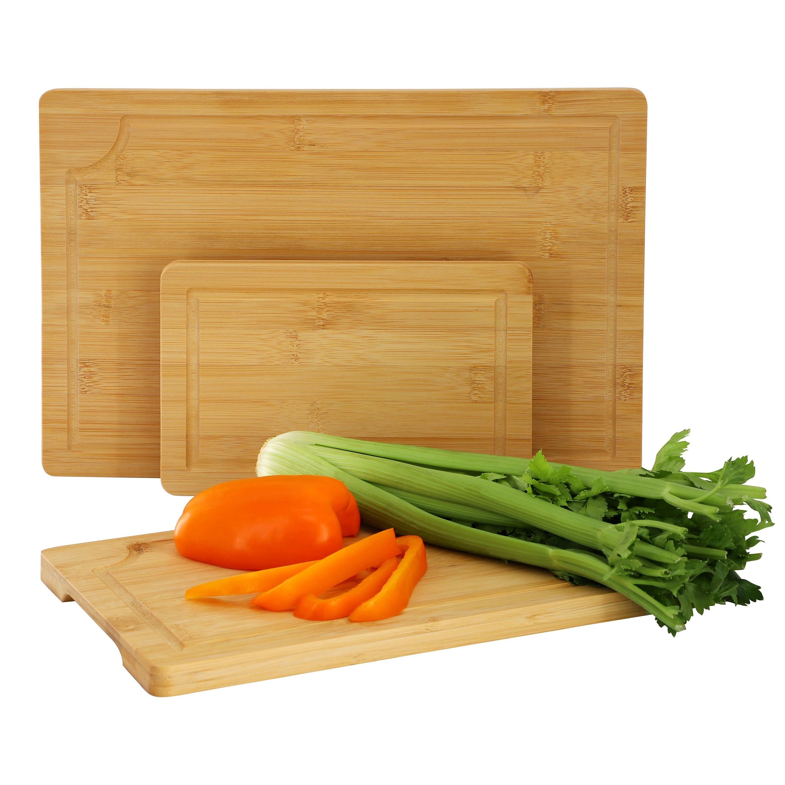 MegaChef 3 Piece 9 Inch, 12 Inch, and 15 Inch Bamboo Wood Cutting Board Set with Juice Grooves