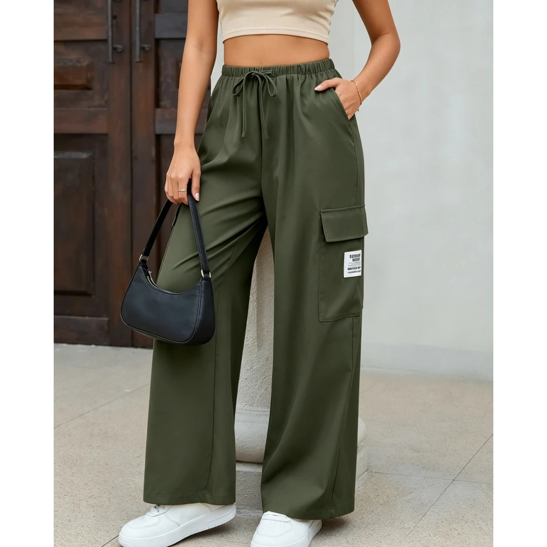 Coolmee Women’s High Waist Cargo Pants Casual Loose Straight Leg Trousers Elastic Pocket