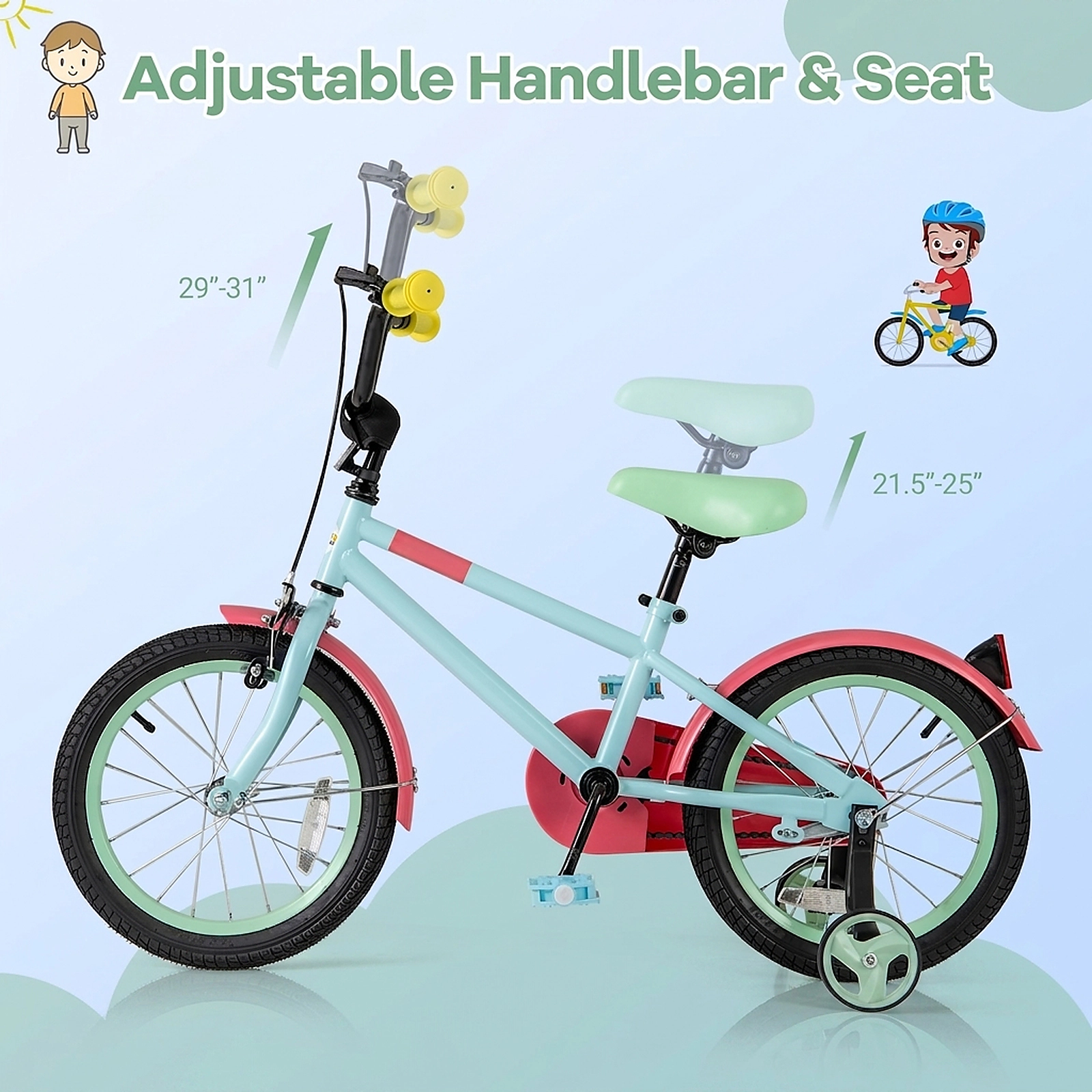 16-in Kids Bike Quick-Release Adjustable Handlebar Saddle Dual Brake System Removable Training Wheels Ages 4-7 Blue