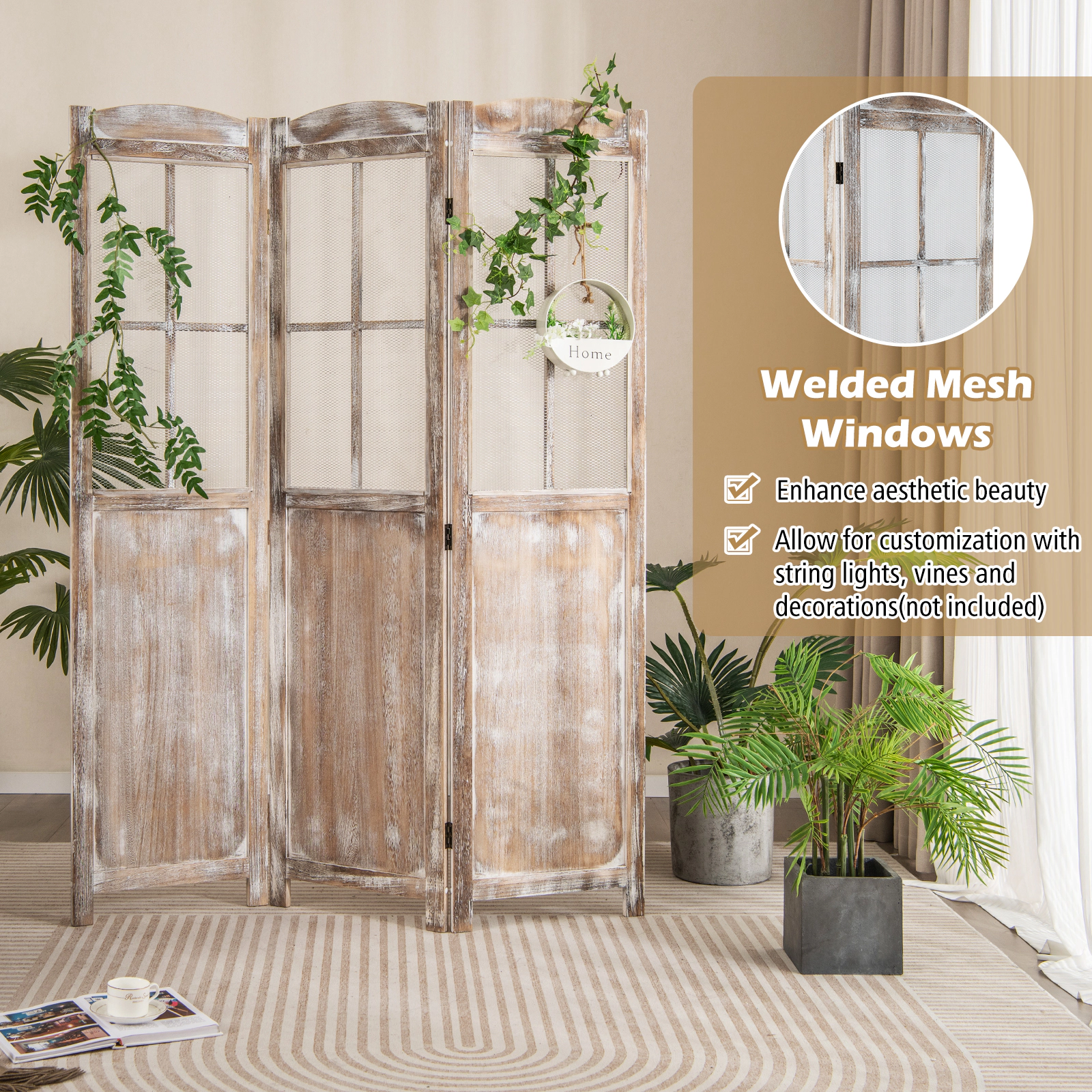 SUGIFT Coffee 54-in Wide 70-in Tall Folding Privacy Screen Room Divider with Paulownia Wood Mesh Windows