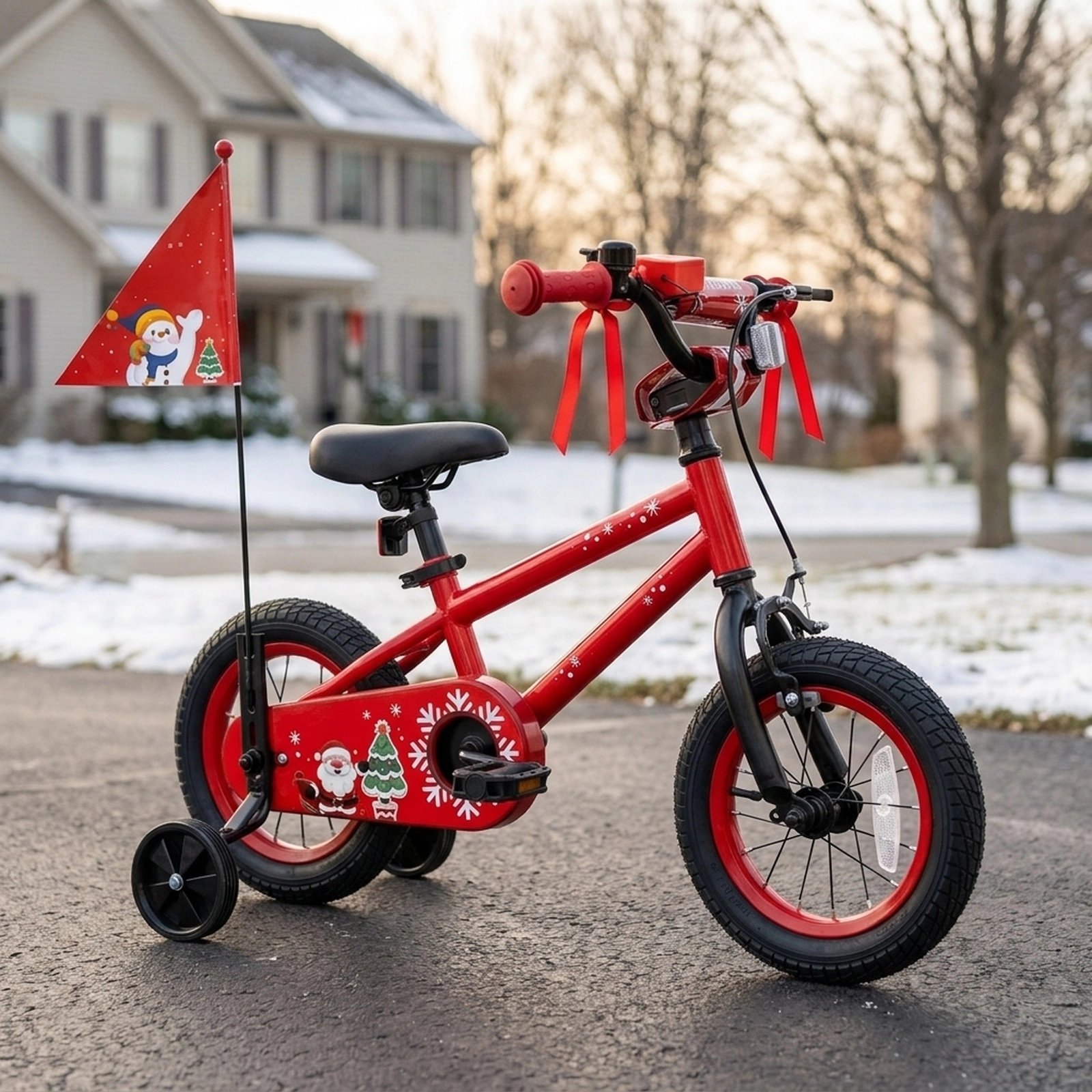 12-in Kids Bicycle Holiday Music Box Safety Flag Detachable Training Wheels Padded Saddle Ages 3-5 Red