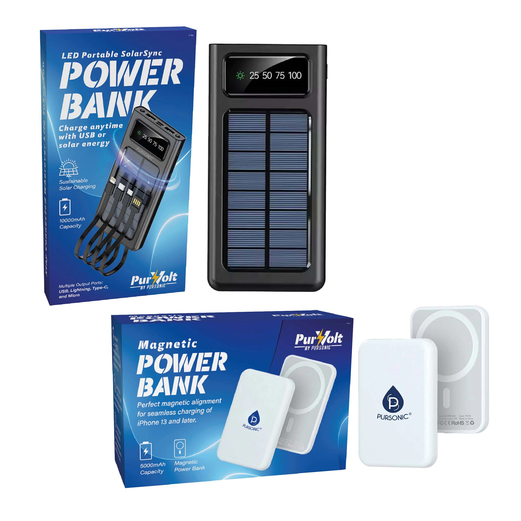 Pursonic Unisex Travel Power Bundle – Magnetic Wireless Charger Power Bank & LED SolarSync Portable Solar Power Bank