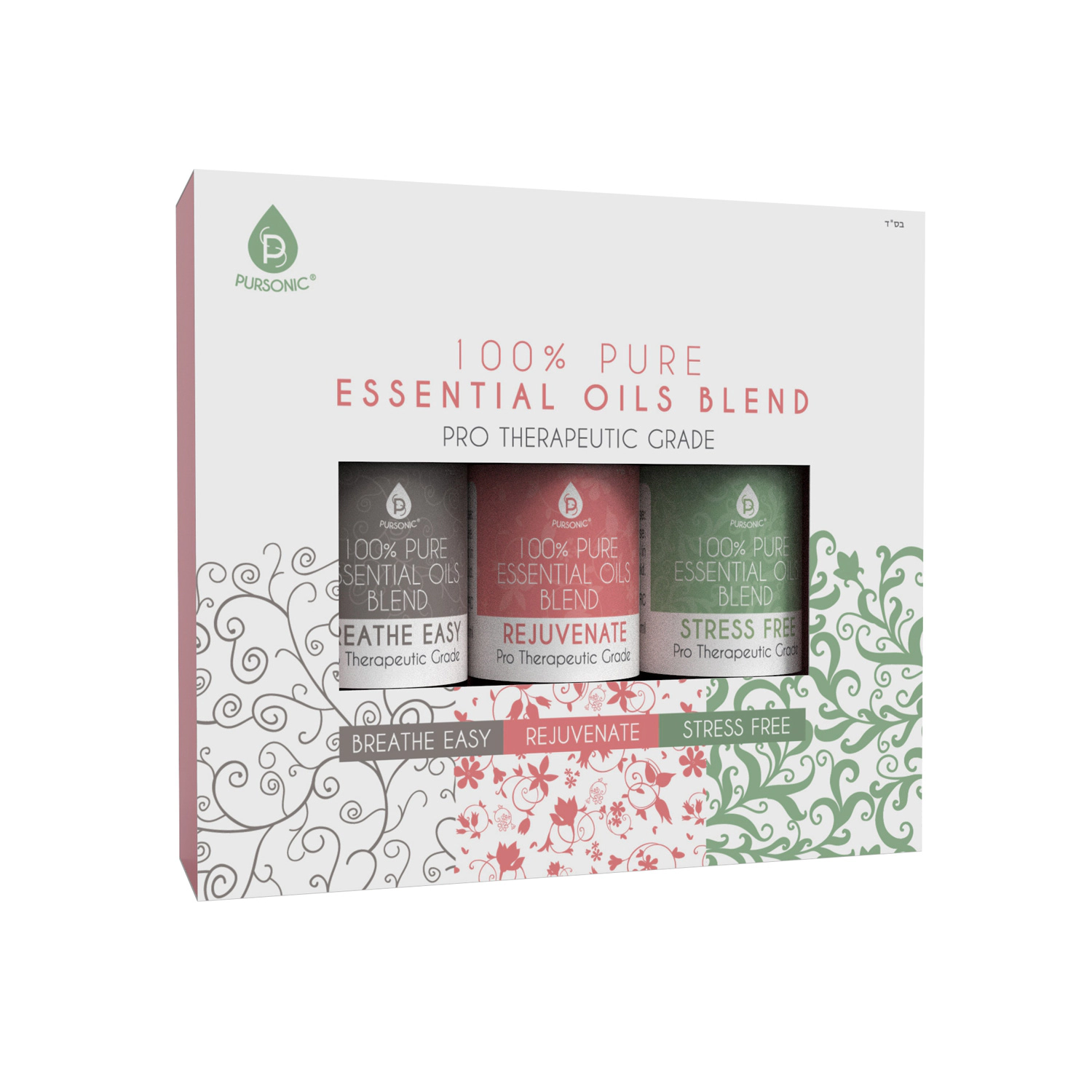 Pursonic Unisex Natural Aromatherapy Essential Oil Set – Stress Relief, Rejuvenating & Breathe Easy Blend Collection