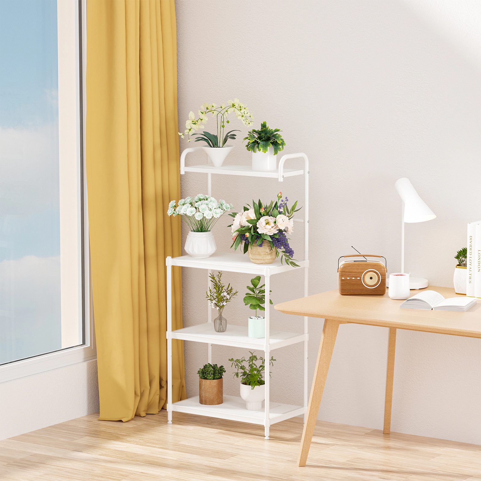 SUGIFT 4-Tier Kitchen Storage Baker Rack White with Mesh Wire Shelves and Hanging Bar