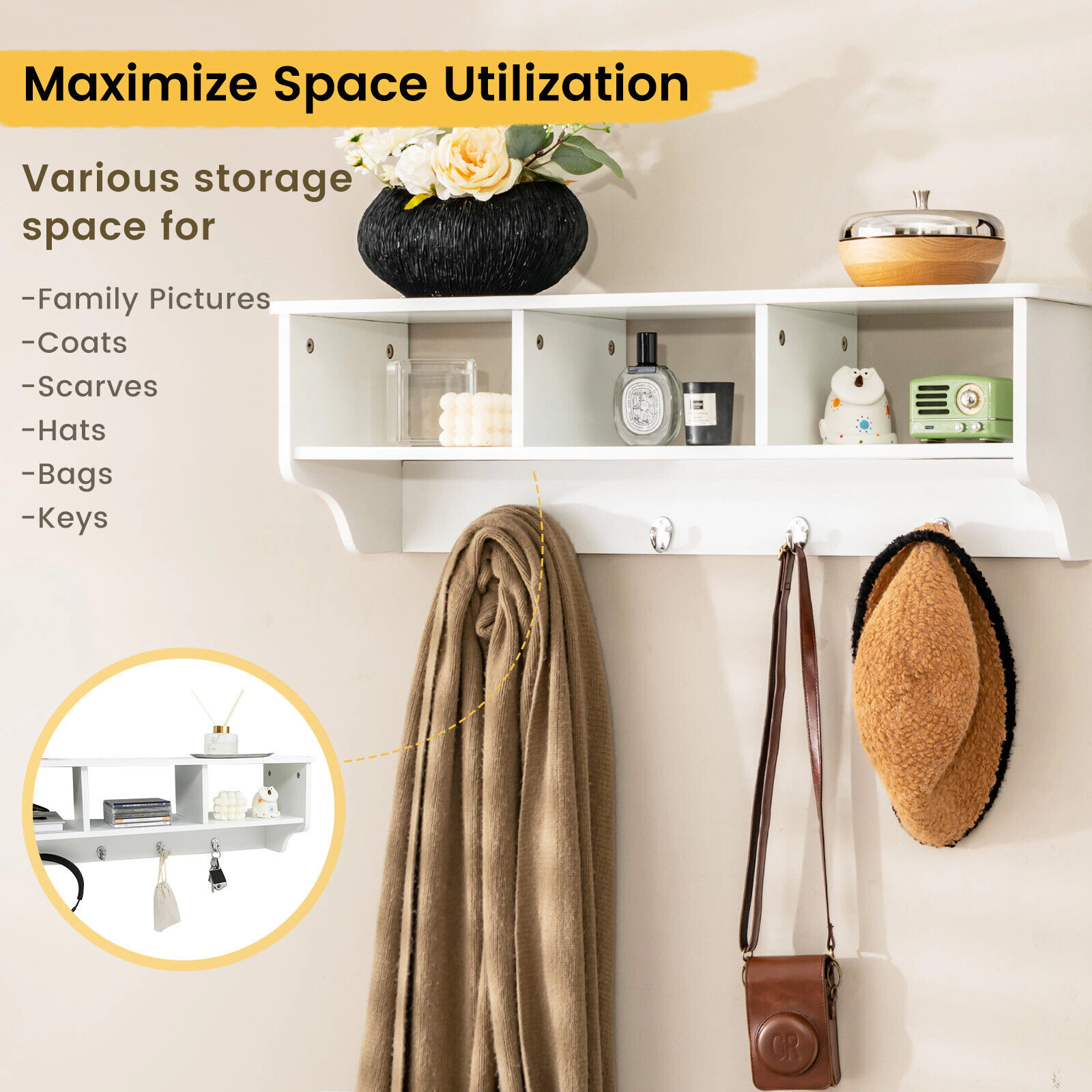 SUGIFT Wall Mount Cubby Organizer White Entryway Storage Shelf with 4 Hooks
