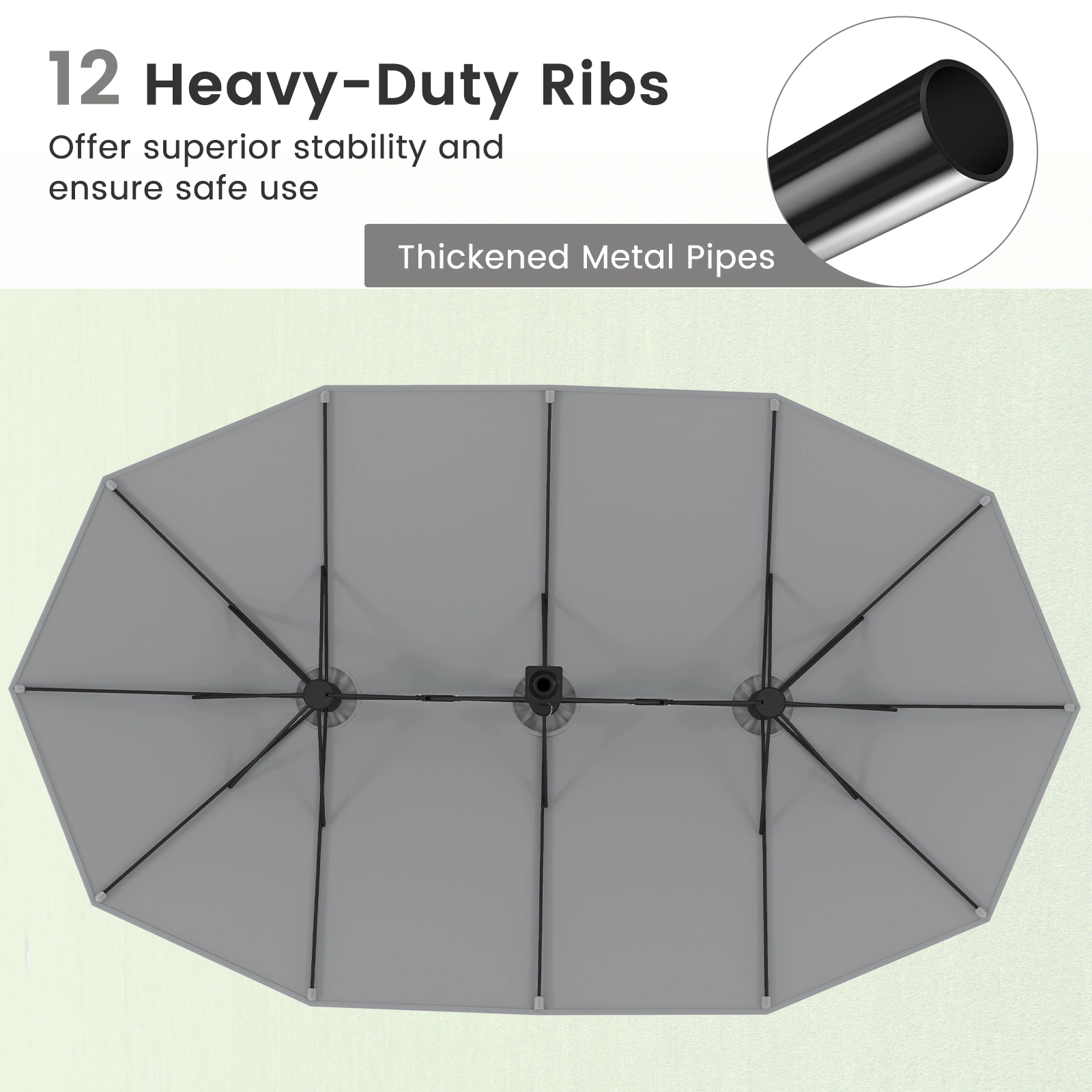 SUGIFT 15-ft Gray Rectangular Double-Sided Market Patio Umbrella, 12 Ribs, Steel Pole