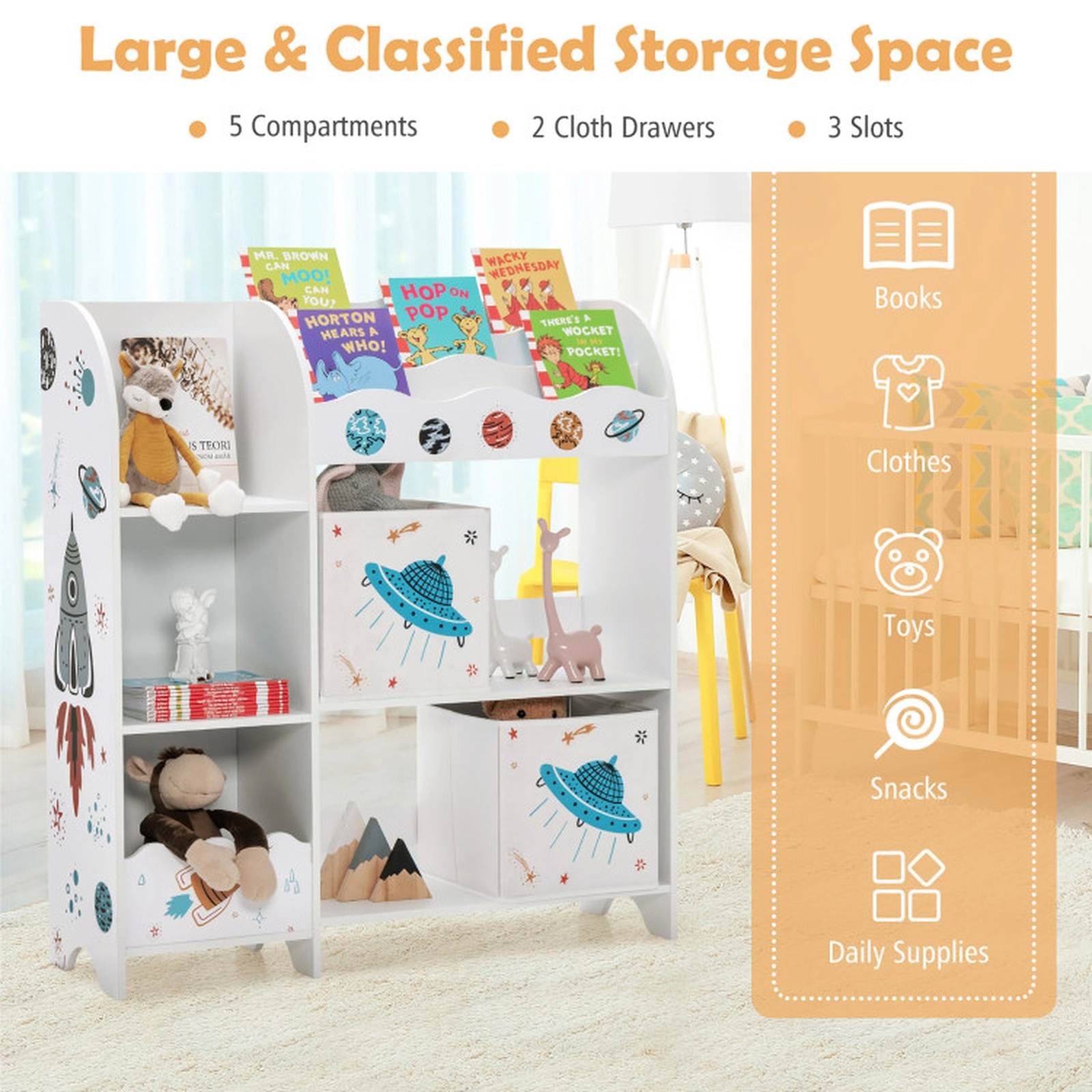 SUGIFT Kids Toy and Book Organizer with Shelves Slots and Storage Bins 22-lb Shelf Capacity 36.5-in Wide White