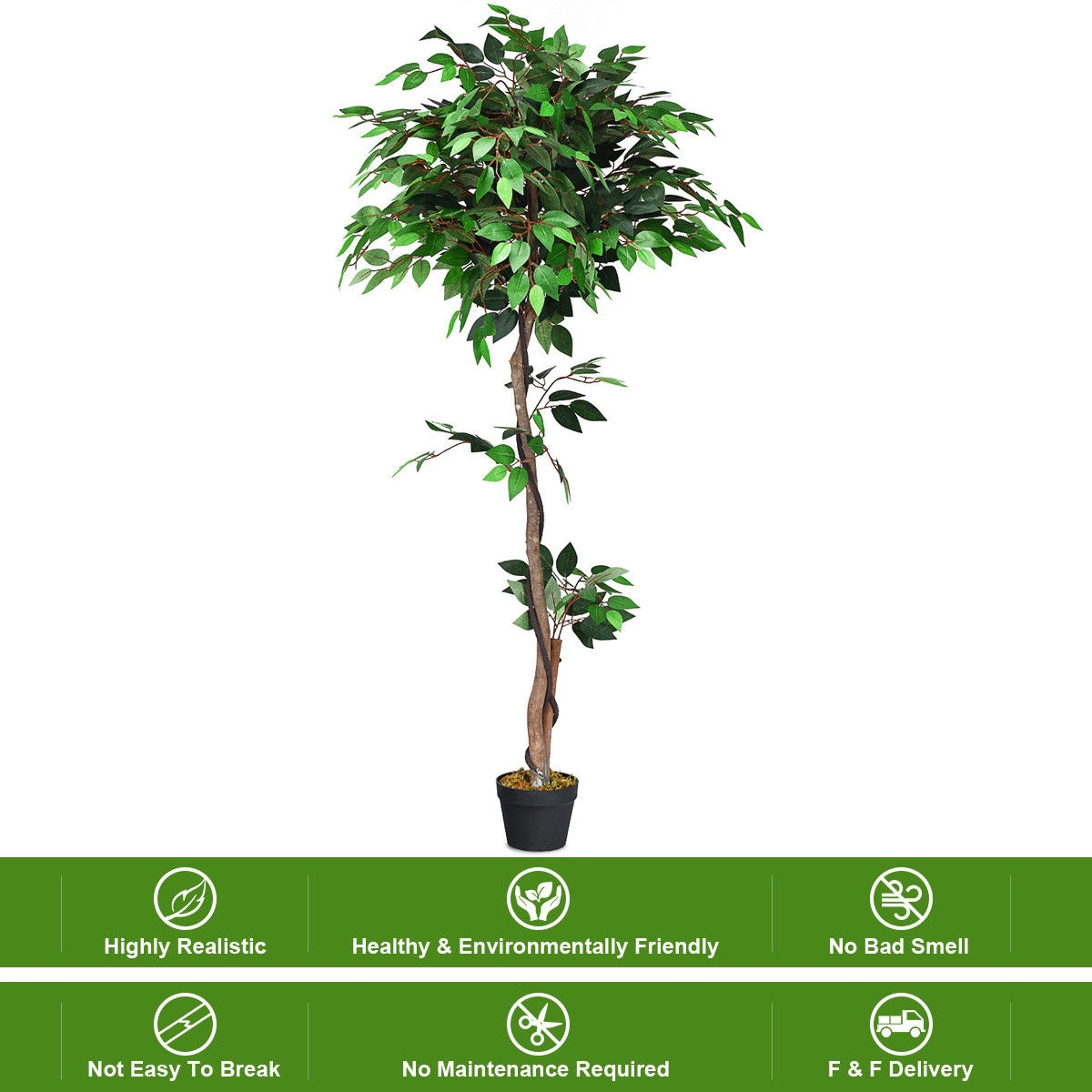 SUGIFT 5.5-ft Artificial Ficus Silk Tree with 756 Polyester Leaves 2 Wood Trunks and Moss-Topped Pot