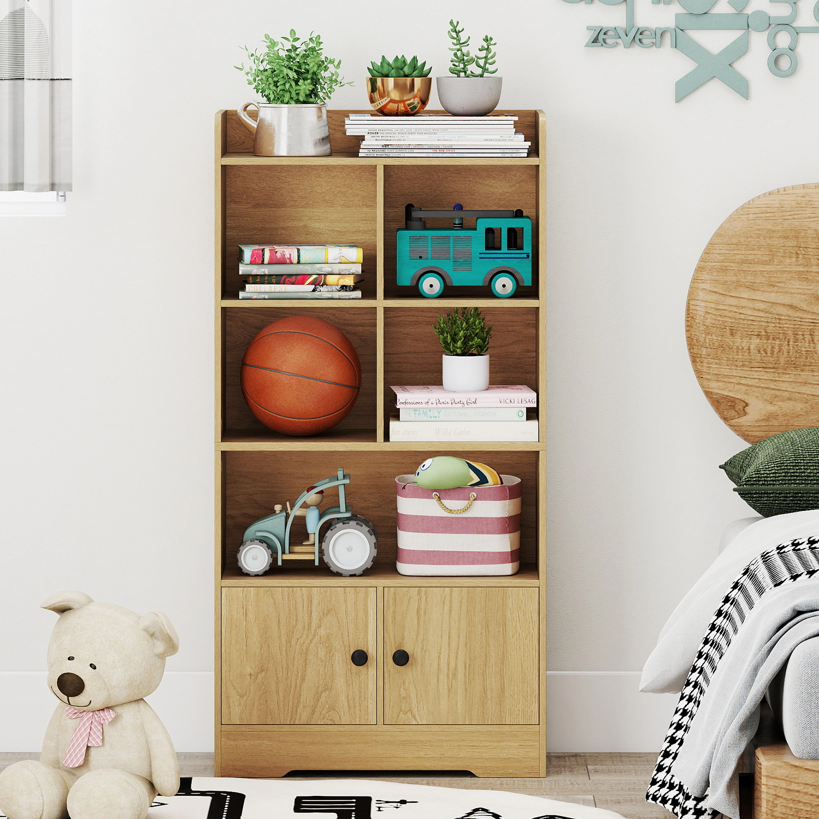 SUGIFT 4-Tier Engineered Wood Bookshelf with 4 Cubes and 2 Doors 44-lb Top Capacity White