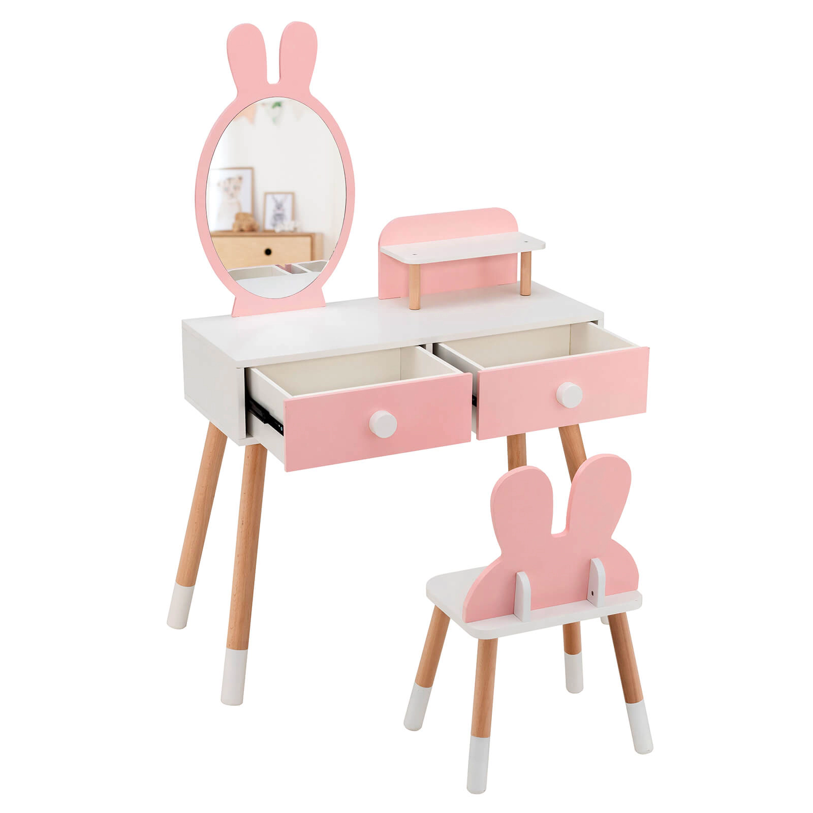 SUGIFT Kids Vanity Table & Chair Set with Drawer Shelf & Rabbit Mirror 66-lb Tabletop 110-lb Stool Capacity Pink/White