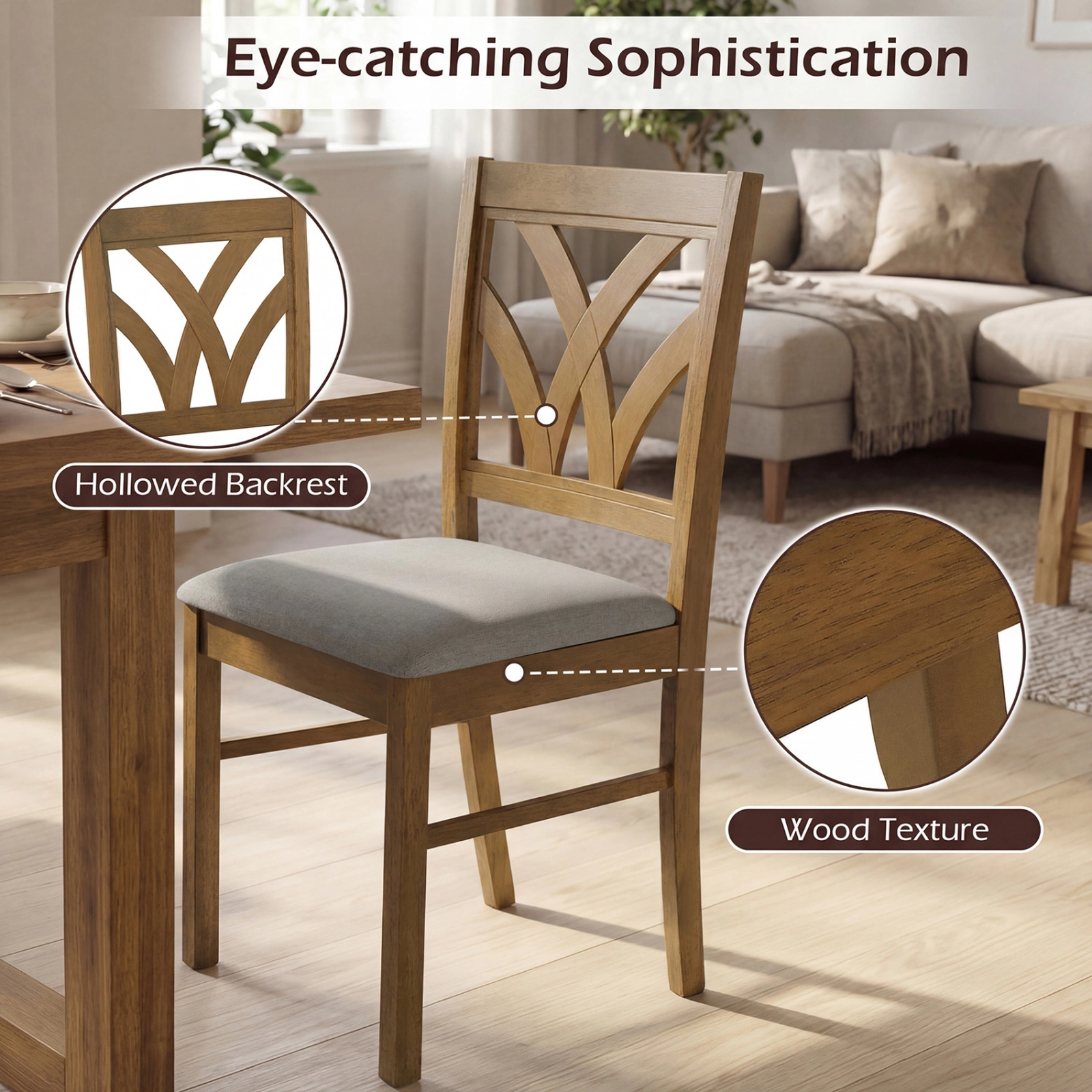 SUGIFT Set of 2 Wooden Dining Chairs with Upholstered Hollowed Backrest 330-lb Capacity Oak + Beige