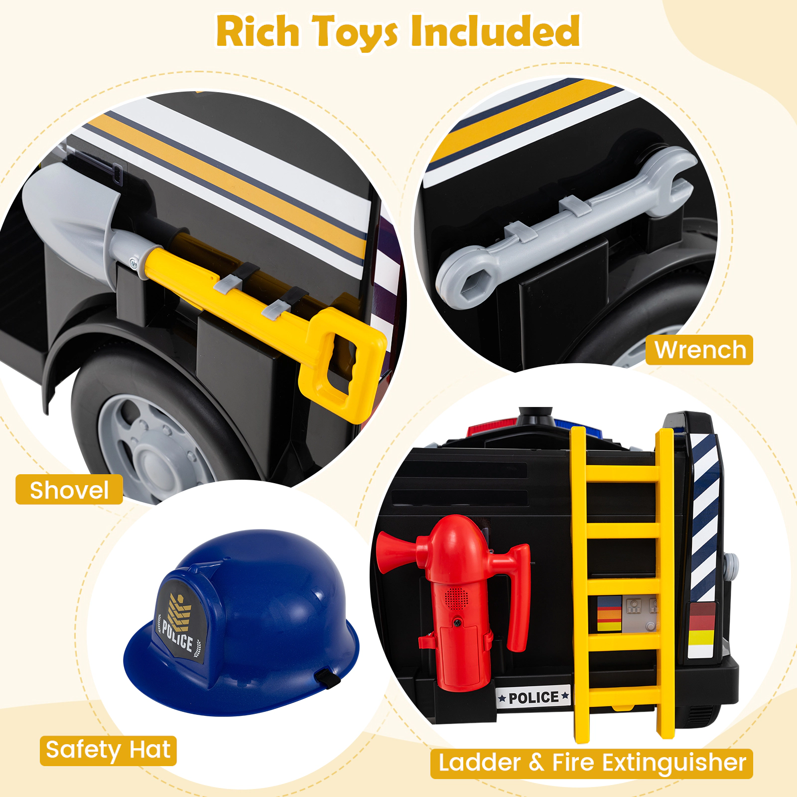 SUGIFT 12V Ride-On Fire Truck Toy Car with Shovel and Wrench 55-lb Capacity Ages 37-95 Months Black
