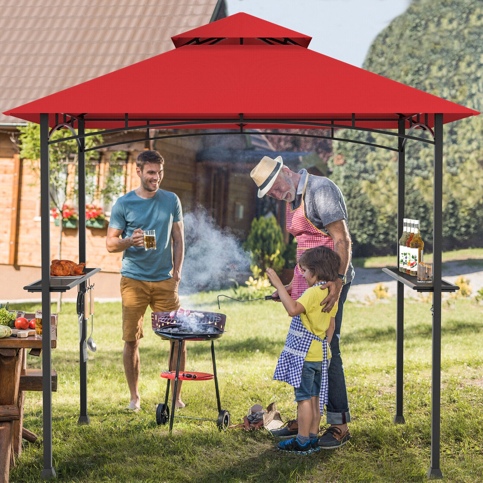 SUGIFT Wine Outdoor Barbecue Grill Gazebo Canopy with Double Roof and 3.9-ft Side Shelf 8-ft W 8.4-ft H