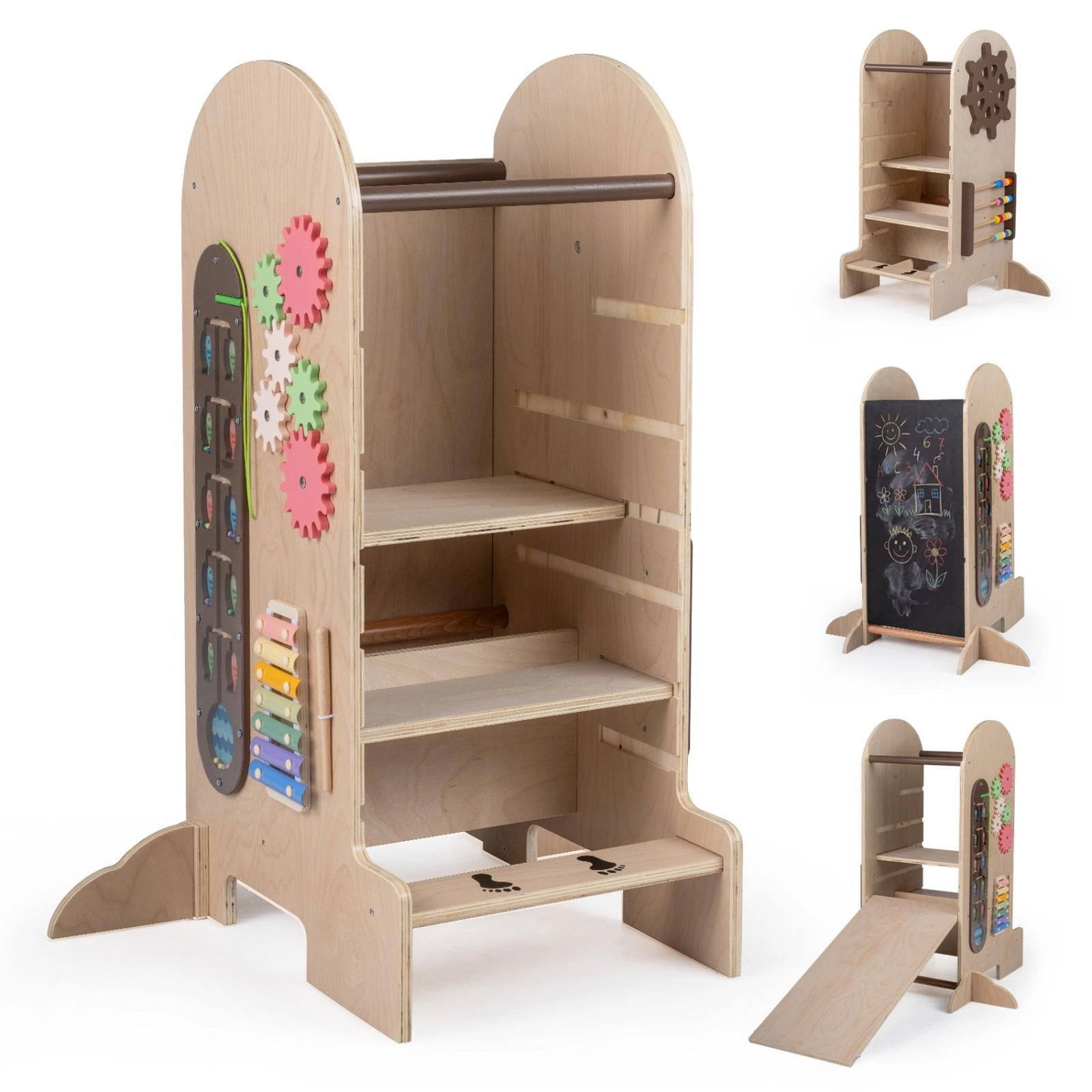 SUGIFT Natural Toddler Kitchen Helper Tower Stool with 3 Adjustable Heights Slide and Wood Chalkboard