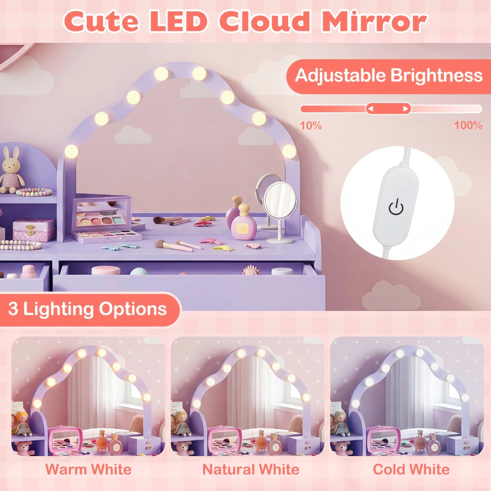 SUGIFT Kids Vanity Desk Lighted Acrylic Mirror & Storage 44-lb Tabletop Capacity Ages 3+ Pink/Purple/White 2-Piece Set