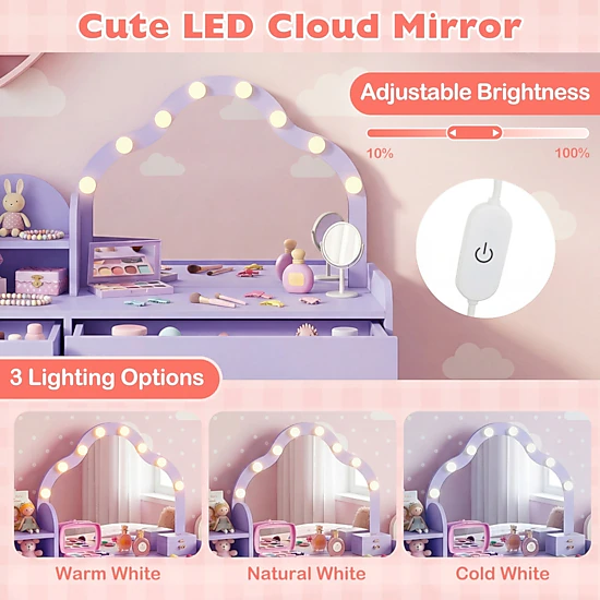 SUGIFT Kids Vanity Desk Lighted Acrylic Mirror & Storage 44-lb Tabletop Capacity Ages 3+ Pink/Purple/White 2-Piece Set