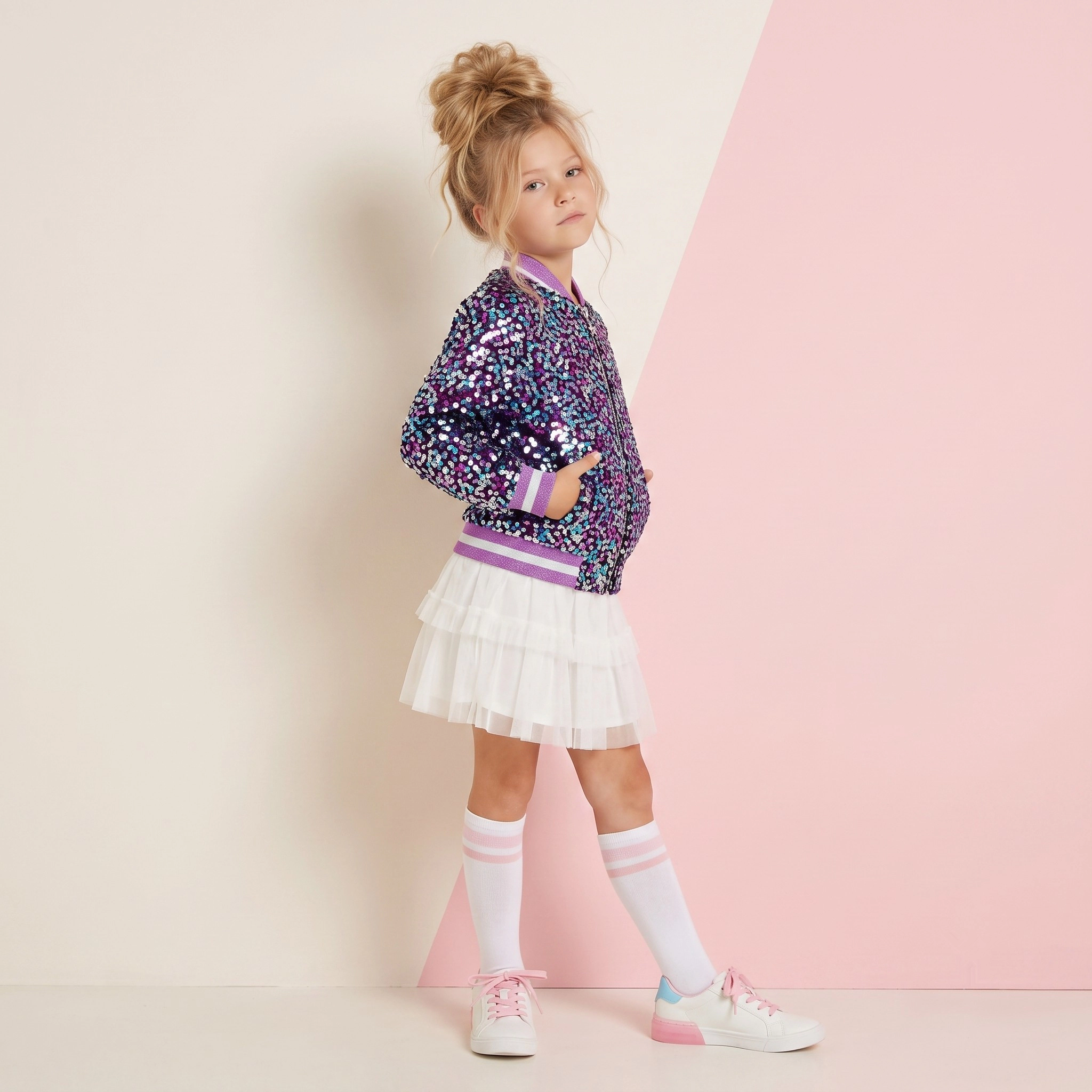 2Bunnies Girls' Amethyst Dream Multicolor Sequin Bomber Jacket