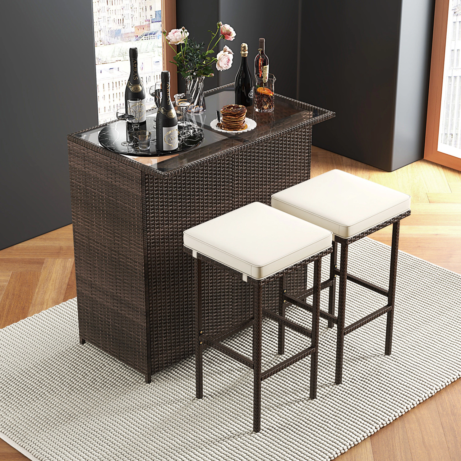 LJG 3PCS Patio Rattan Wicker Bar Table Stools Dining Set