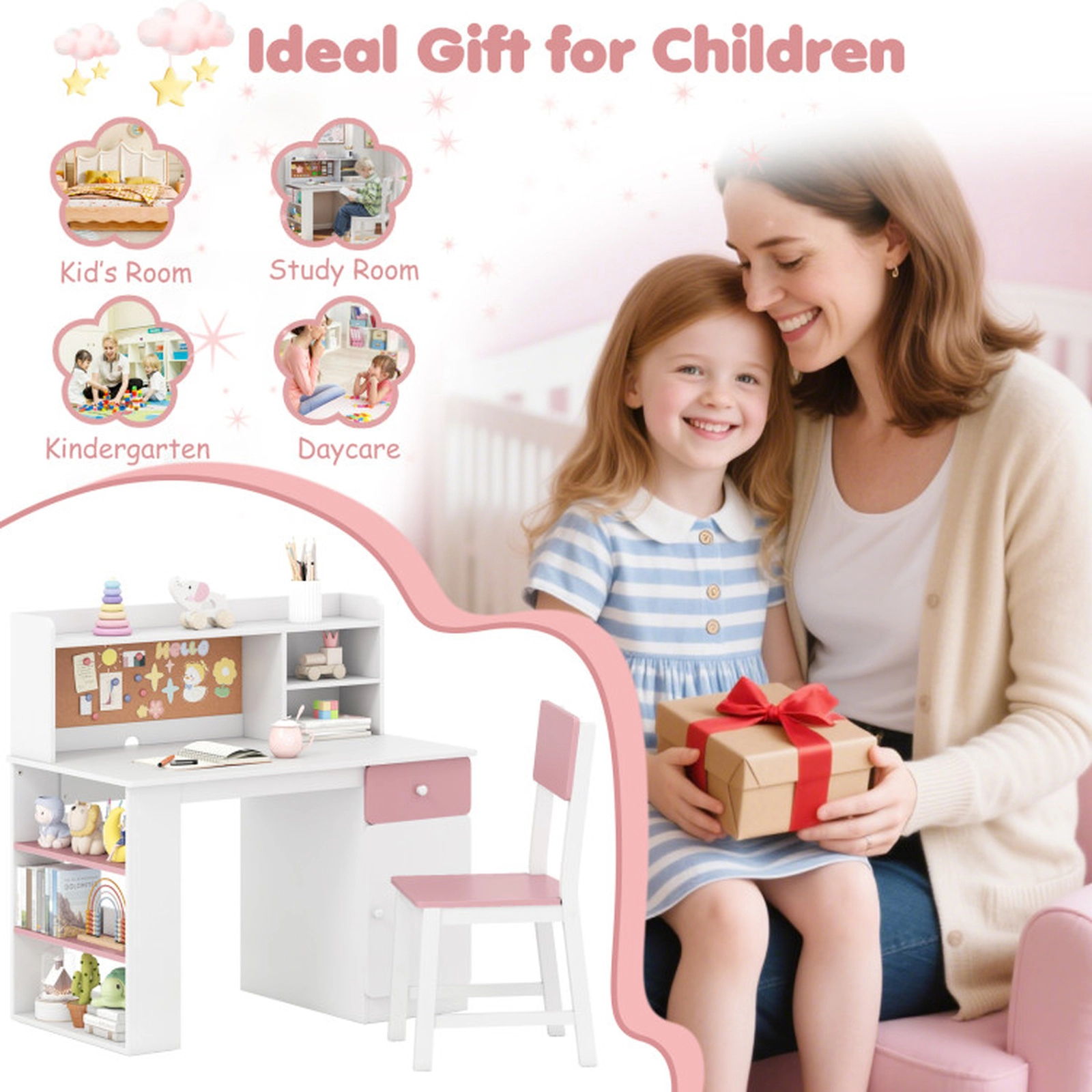 SUGIFT Pink Hutch Drawer and 3-Layer Side Shelf Kids Desk and Chair Set