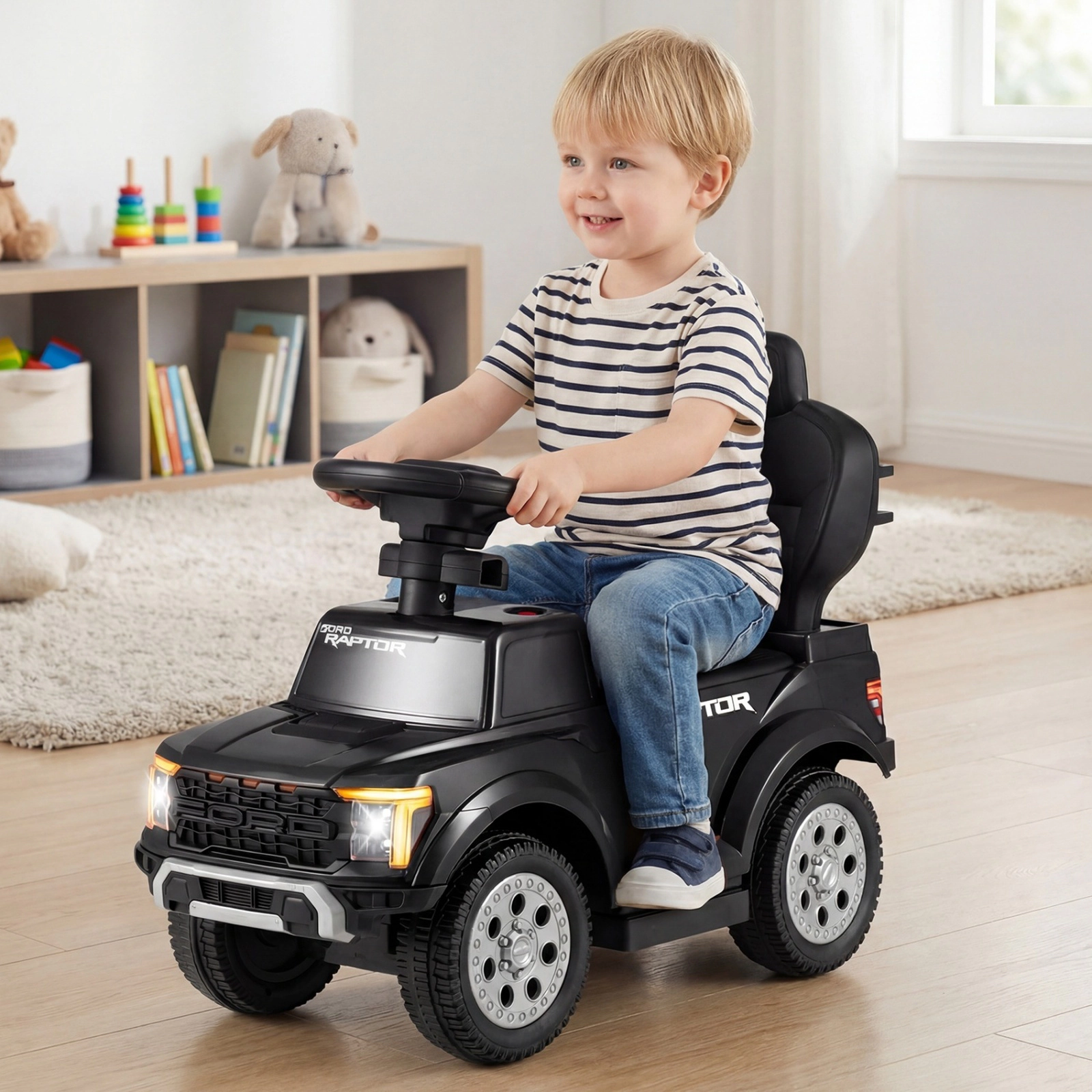 SUGIFT Red Toddler 3-in-1 Ride-On Push Car with Licensed Ford Truck Body Horn and Storage 55-lb Rider